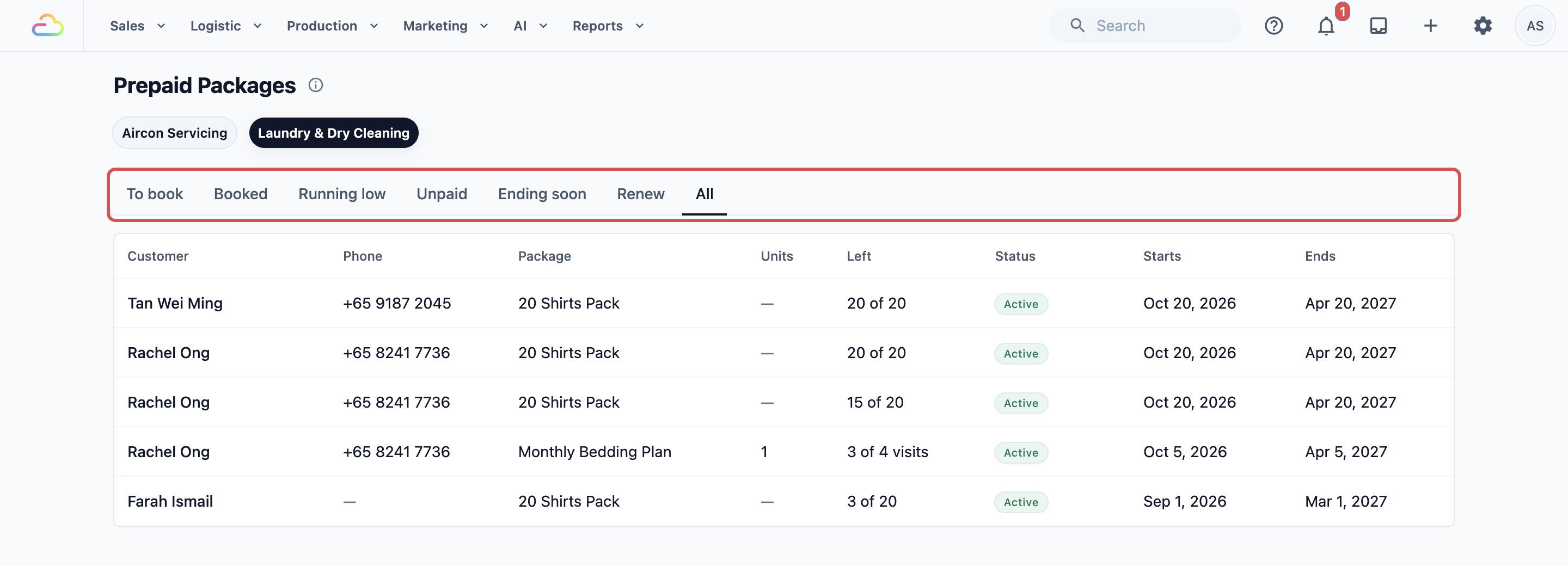 Sales › Prepaid Packages for Laundry &amp; Dry Cleaning on the All tab, with the To book, Booked, Running low, Unpaid, Ending soon, Renew and All tabs marked and five customers' packages listed