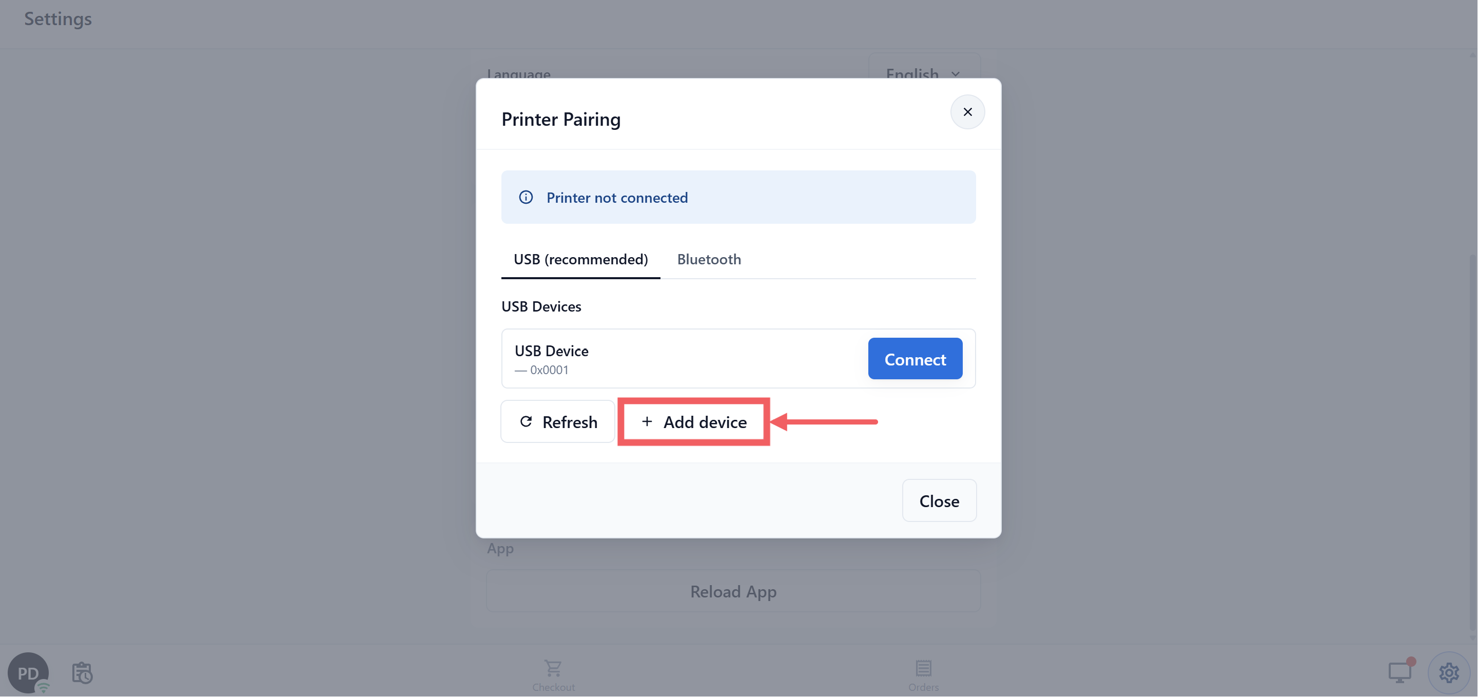 The Printer Pairing window on the USB tab, with the printer listed and the Add device button visible.