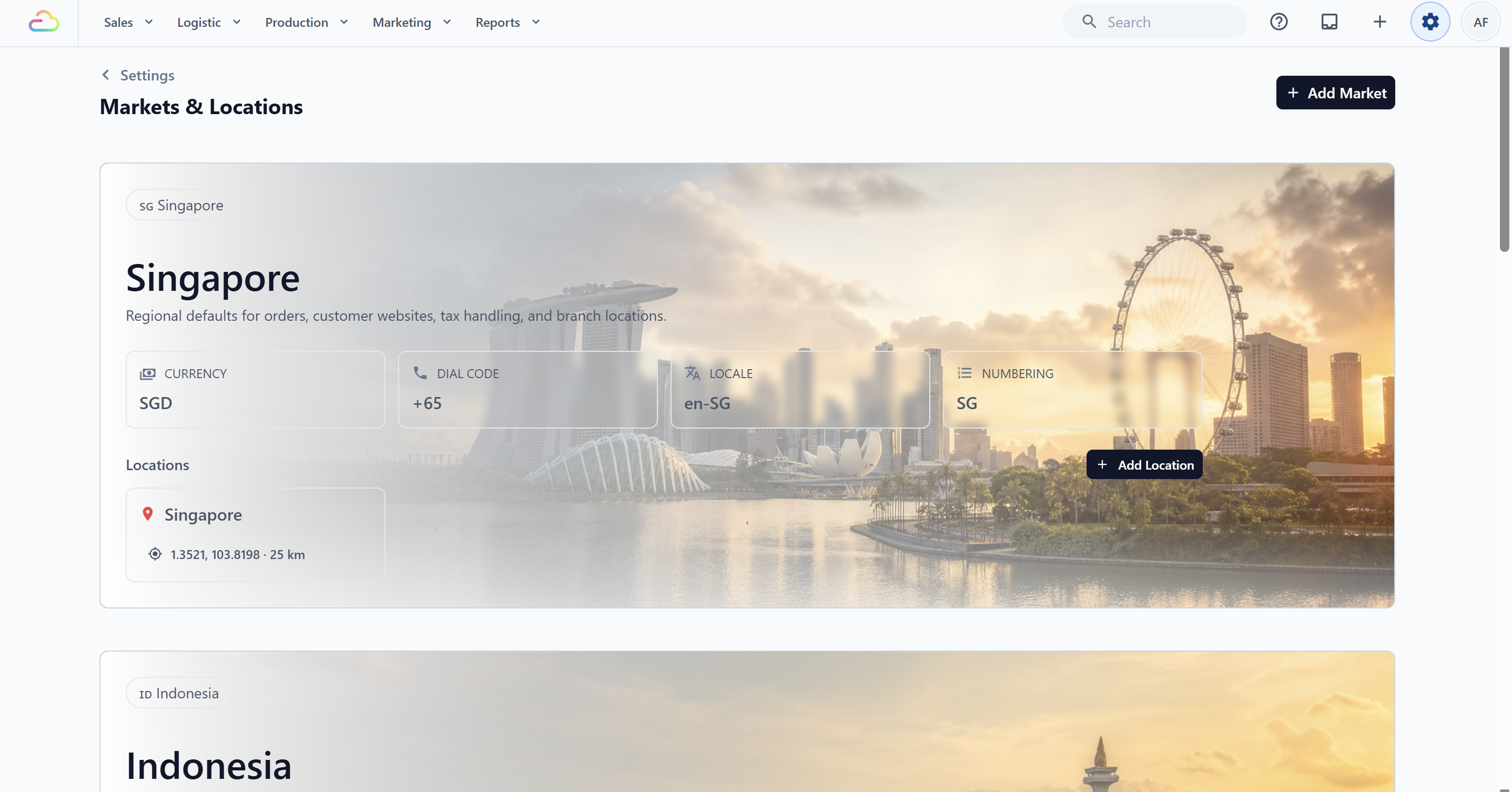 Before creating your POS location, make sure your Market and Location are already set up in EasyBiz. Your Market represents the country your business operates in, such as Singapore or Malaysia, and controls the currency, dial code, locale, and numbering used on receipts, invoices, and customer-facing pages.
