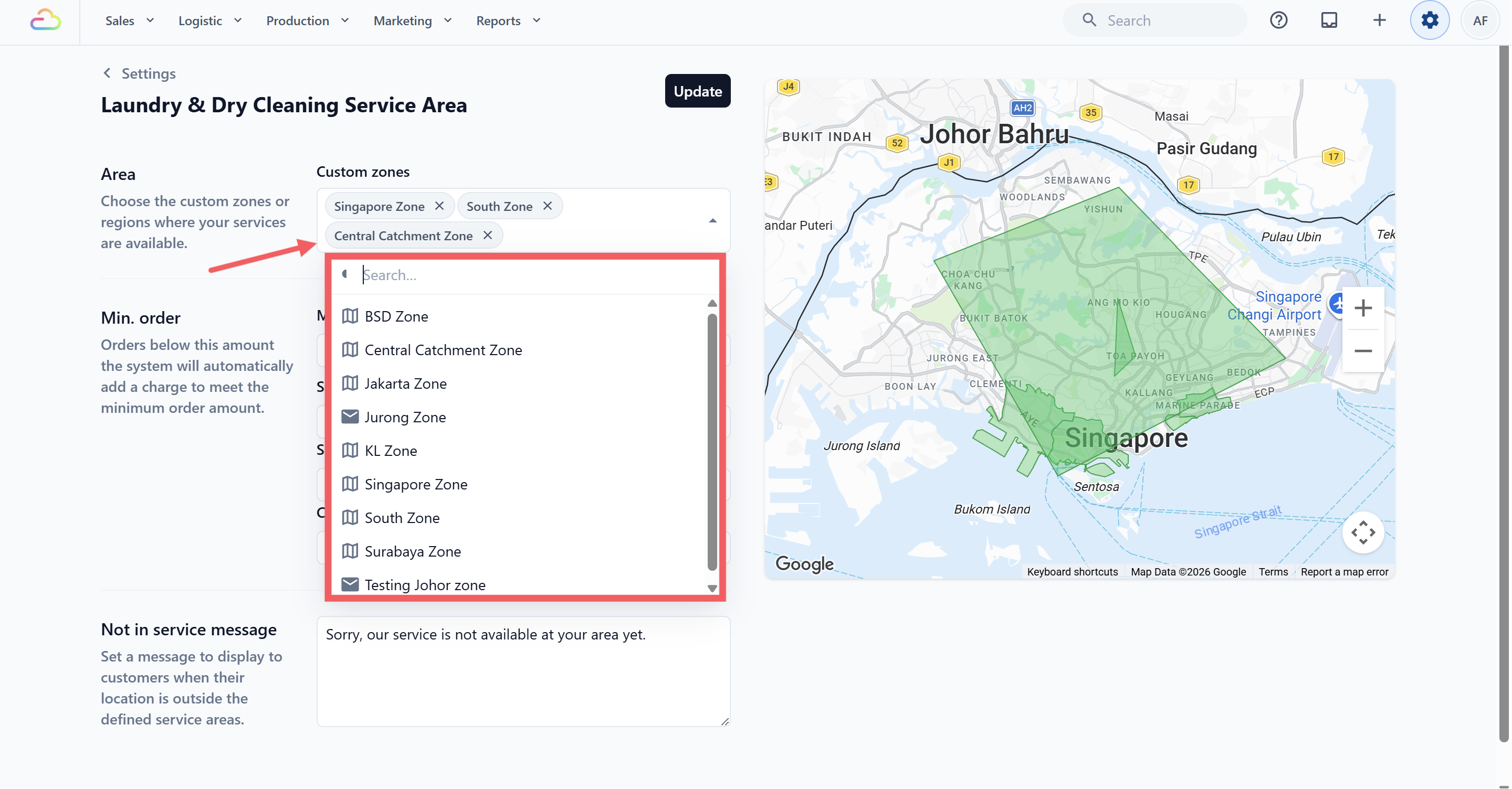 Under the Area section, click the Custom zones picker. A searchable popup opens with all your Custom Zones. Tick every zone this business unit covers. Each selected zone appears as a chip on the picker with a remove button.