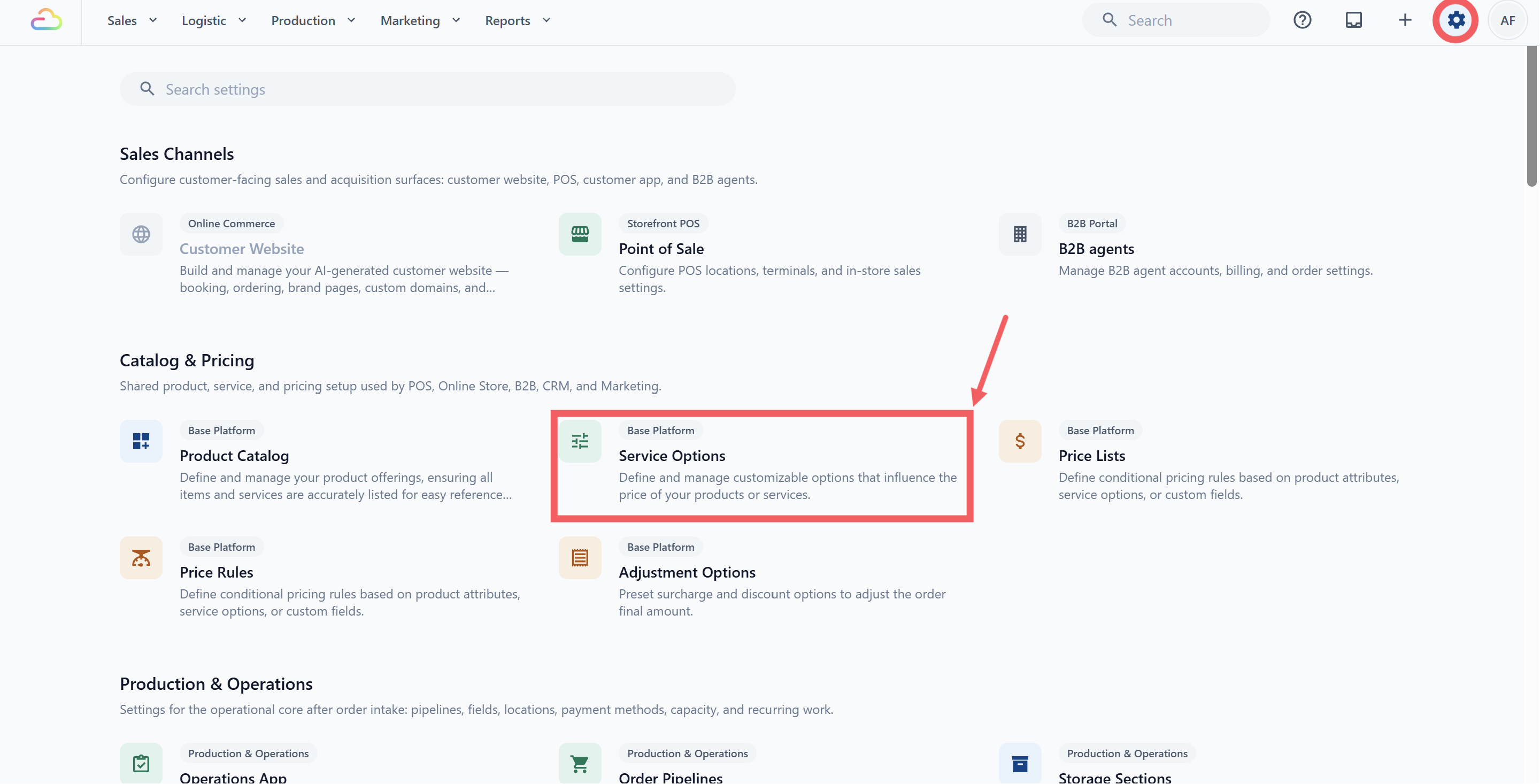 Under the Catalog &amp; Pricing section, click Service Options.