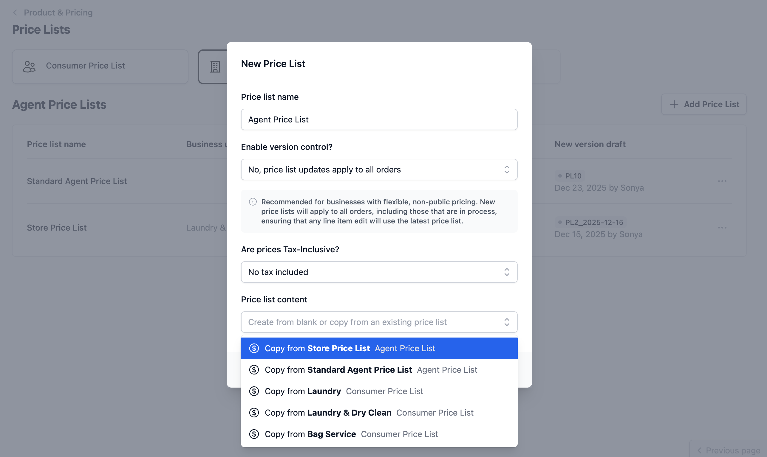 Select Content to Copy: In the Price list content field, select the existing price list you wish to use as a template.