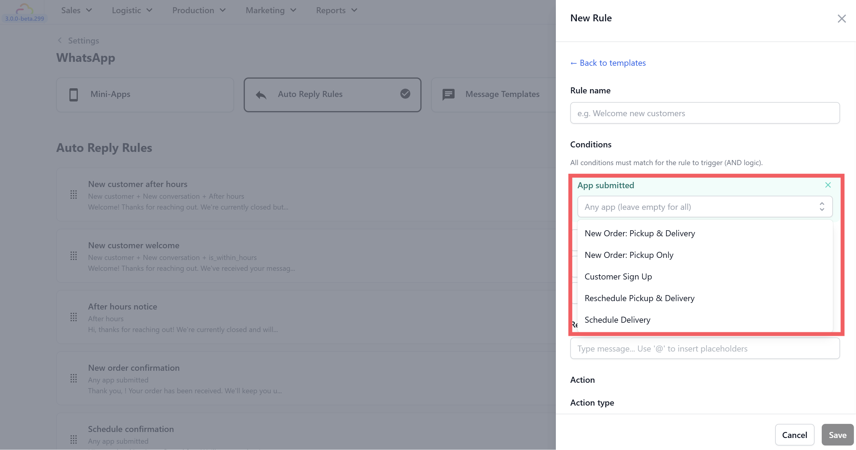 App submitted — Fires when a customer submits a Mini App form. Leave as "any app" or select a specific one.