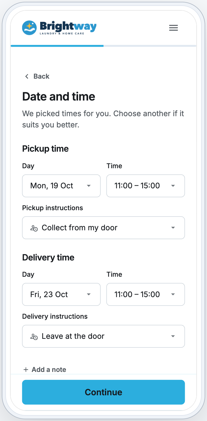 A customer's phone on the Date and time step, with a pickup and a delivery time picked and the note "We picked times for you. Choose another if it suits you better."