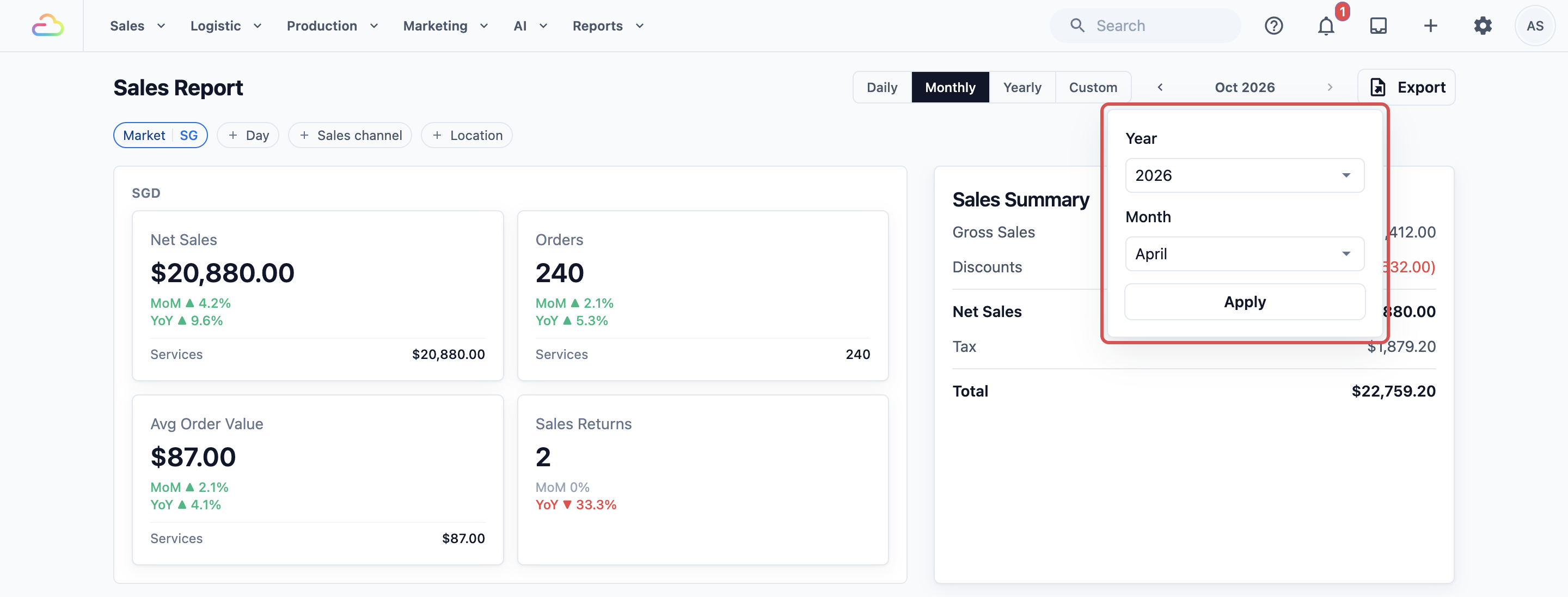 The period picker open under the month name, with the Year and Month dropdowns and the Apply button