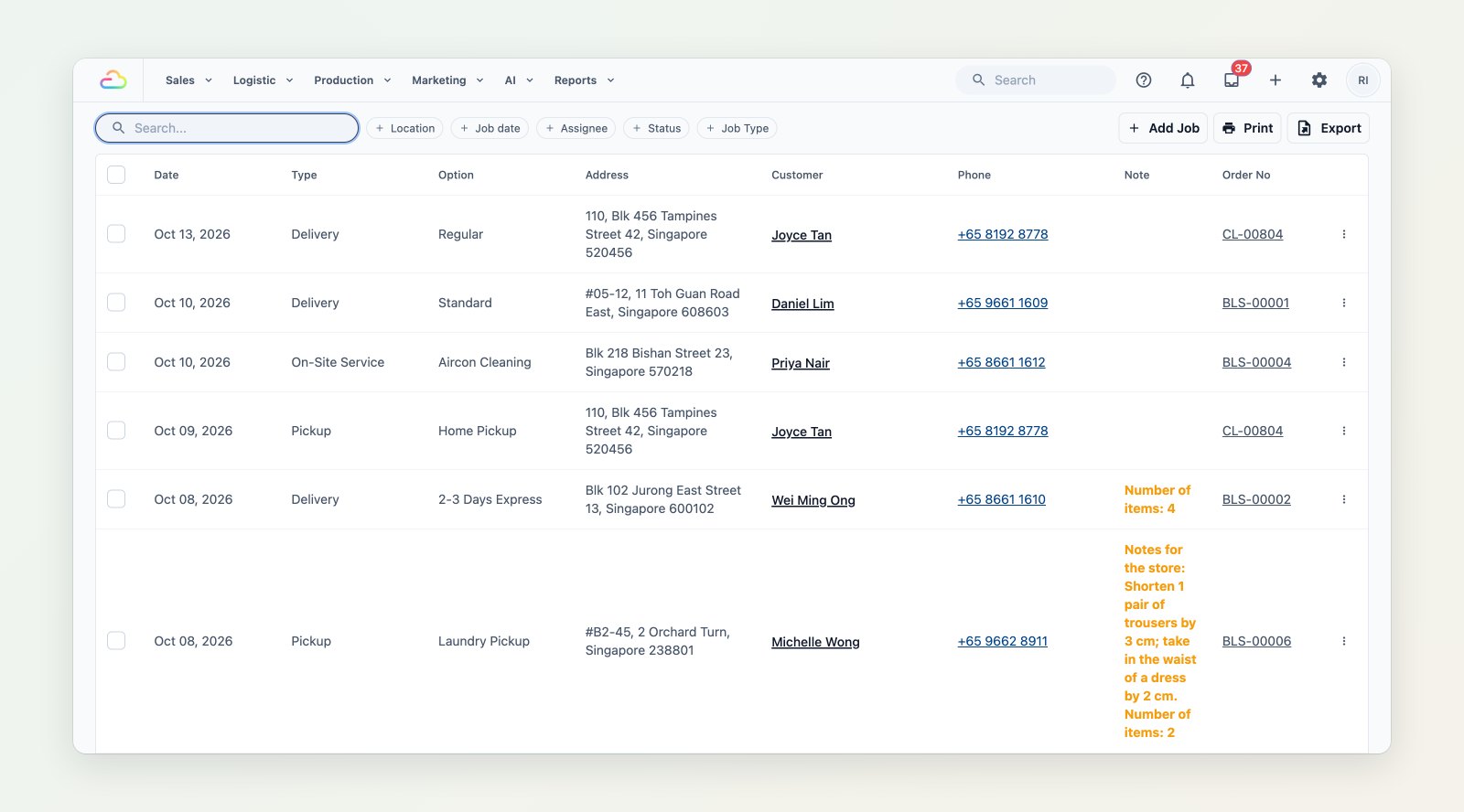 The Jobs table with filters for location, job date, assignee, status and job type, listing pickups, deliveries and on-site services