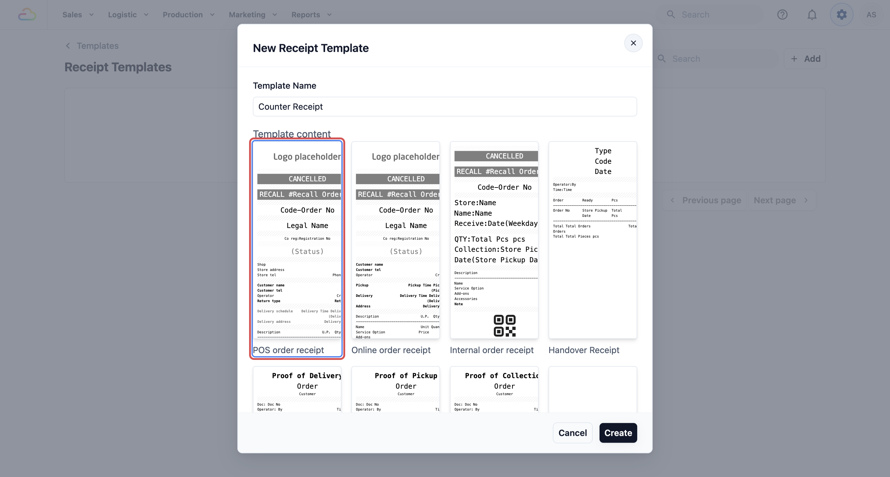 The New Receipt Template pop-up with the POS order receipt card selected