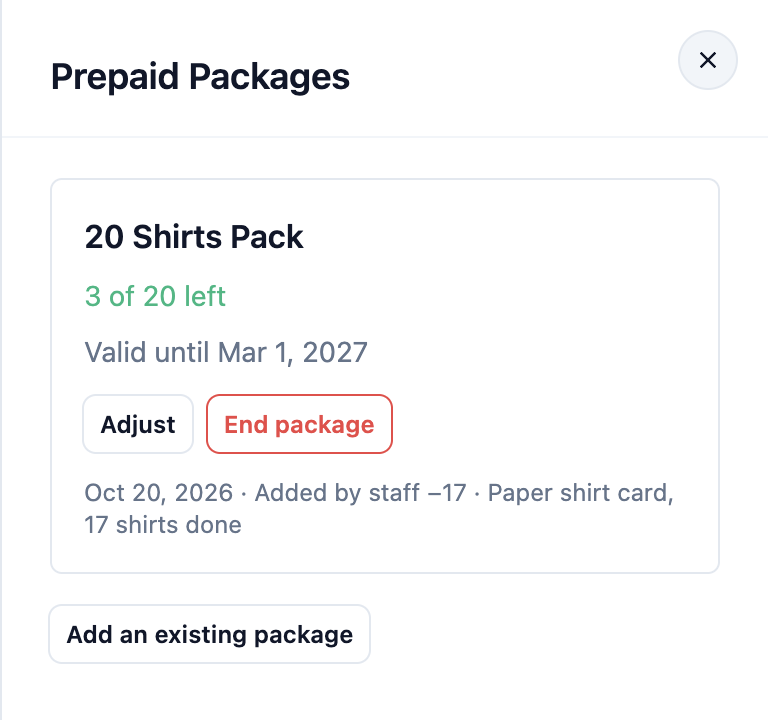 Farah Ismail's Prepaid Packages panel: 20 Shirts Pack with 3 of 20 left, Valid until Mar 1, 2027, the Adjust and End package buttons, and its history line Added by staff −17 · Paper shirt card, 17 shirts done