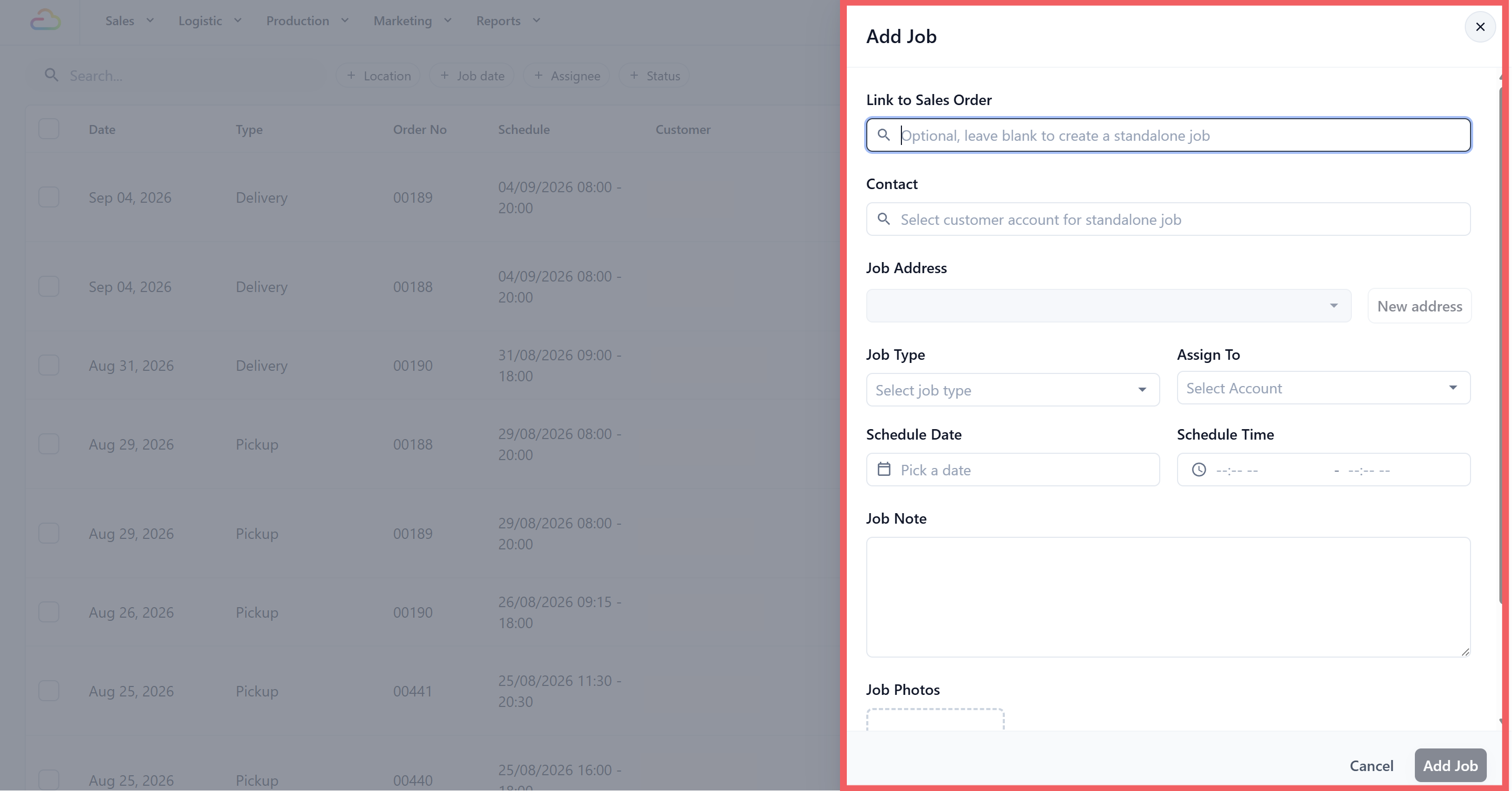 Screenshot placeholder: Current Add Job drawer including the multi-market Location selector.