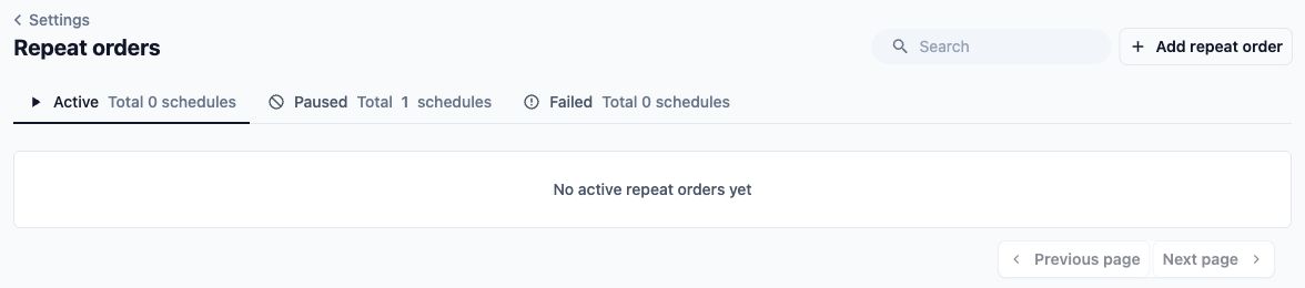 The Repeat orders page with the Active tab selected and Add repeat order at the top right.