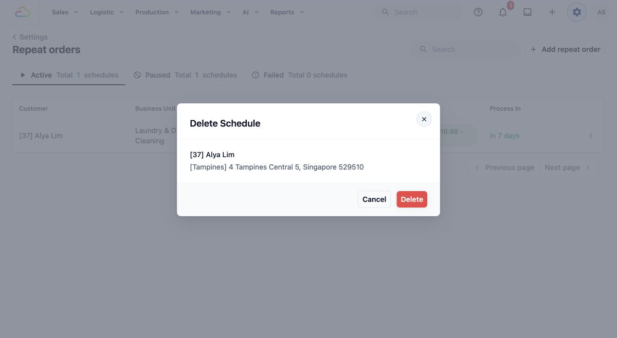 The delete confirmation identifies the setup being removed
