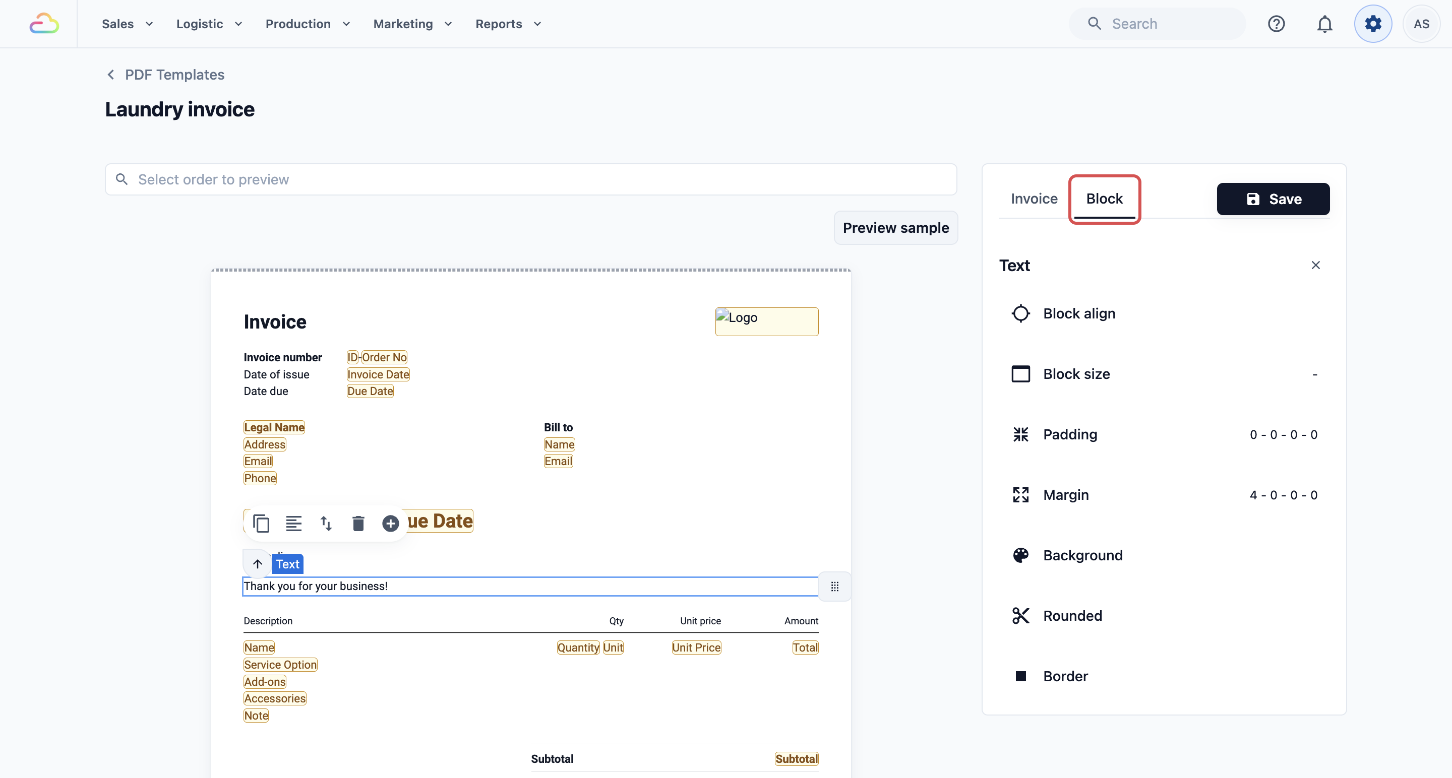 Invoice template editor with the preview on the left and the Block tab on the right