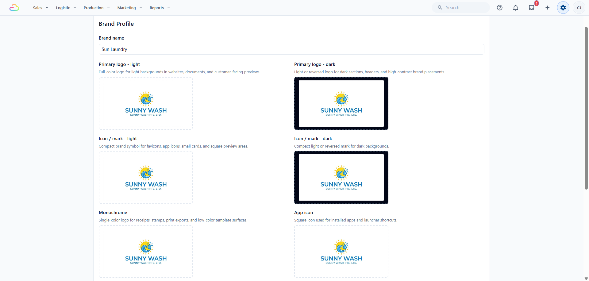 Brand Profile Section showing your brand name and six logo boxes