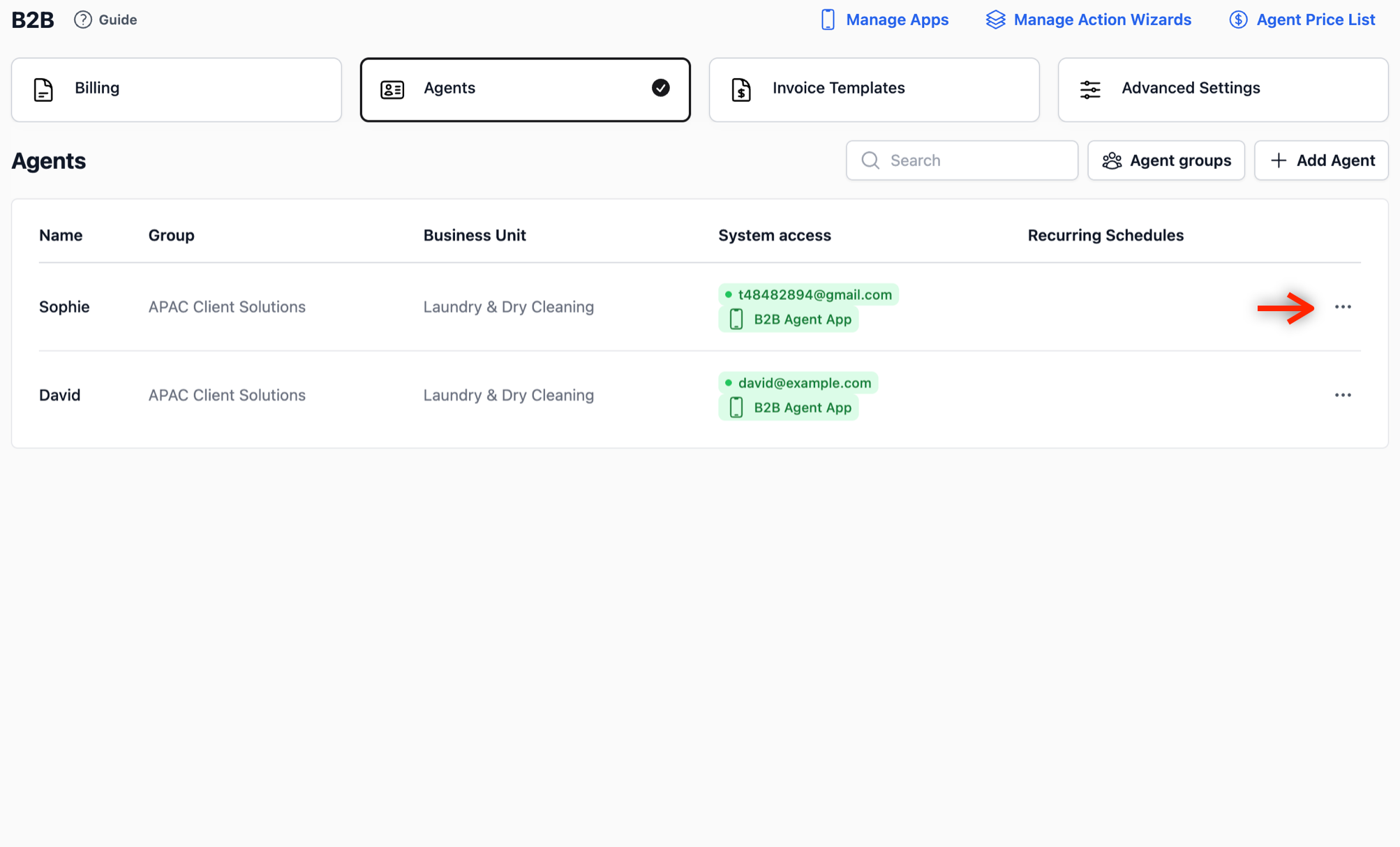 Once you are on the B2B page, click on the Agents tab to view your full list of registered agents. In the table view, locate the agent you want to apply the new agent price list to and click on the ••• (Action Menu) on the far right, and select Edit.