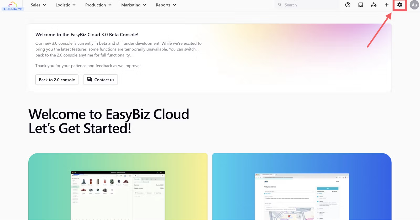 Click the Settings icon at the top right of your EasyBiz Console