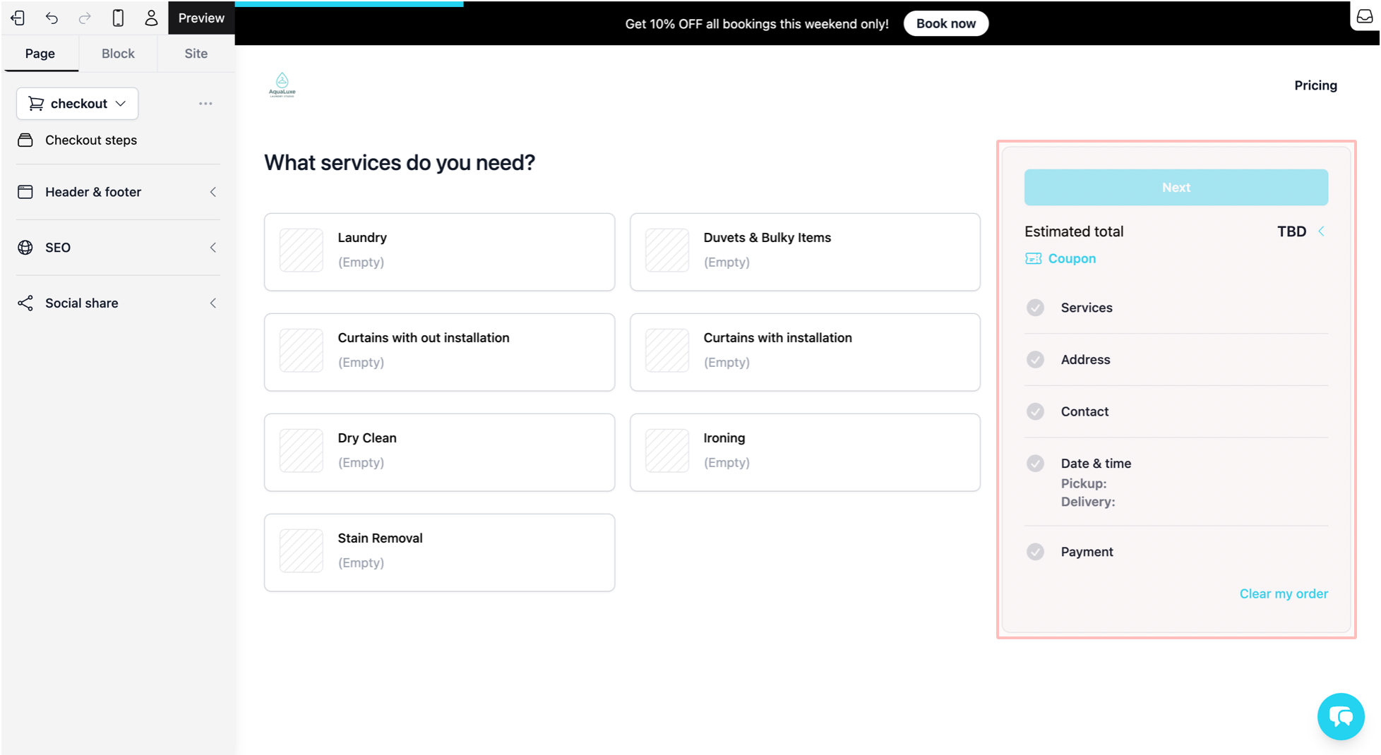 The Easybiz system uses a ready-made flow designed for service businesses: Services → Address → Contact → Date &amp; Time → Payment.