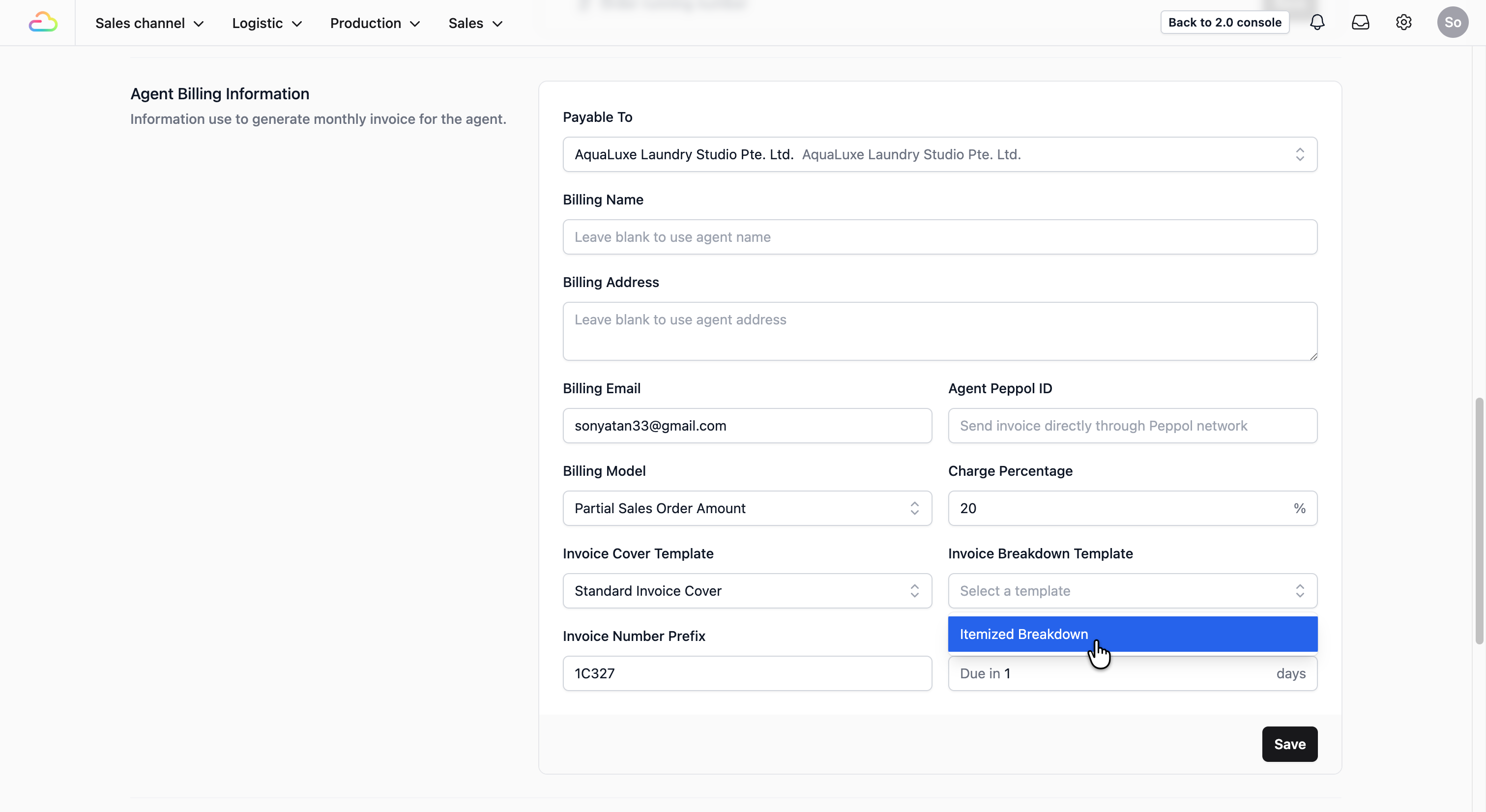 Do the same for Invoice Breakdown Template dropdown field.