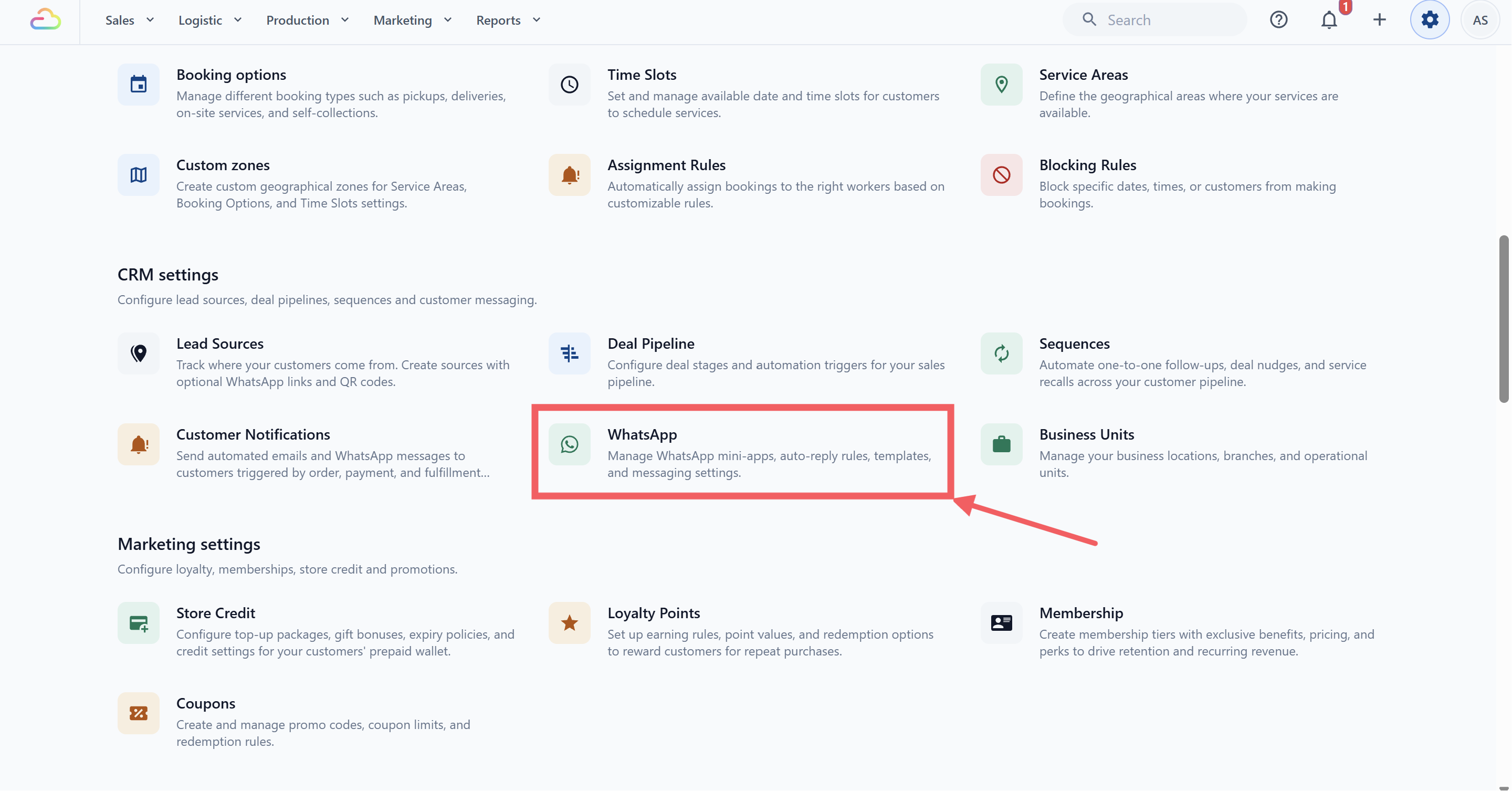 The Settings overview page scrolled to the CRM section, with the WhatsApp card visible