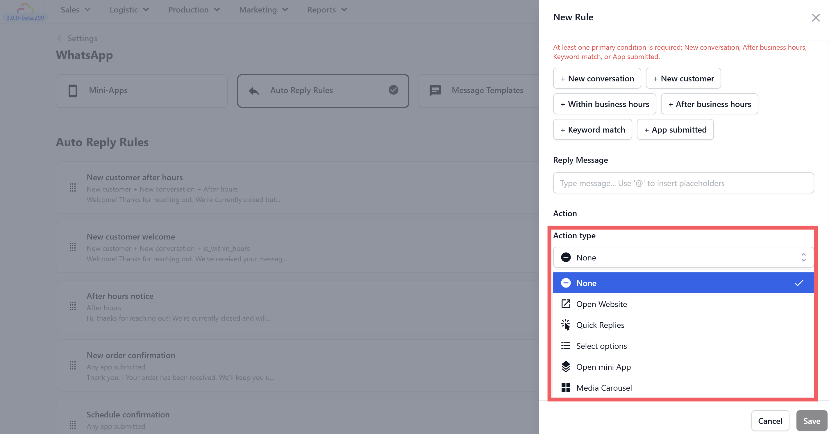 Every auto reply can include a button below the message. Set this under the Action section in the rule editor.