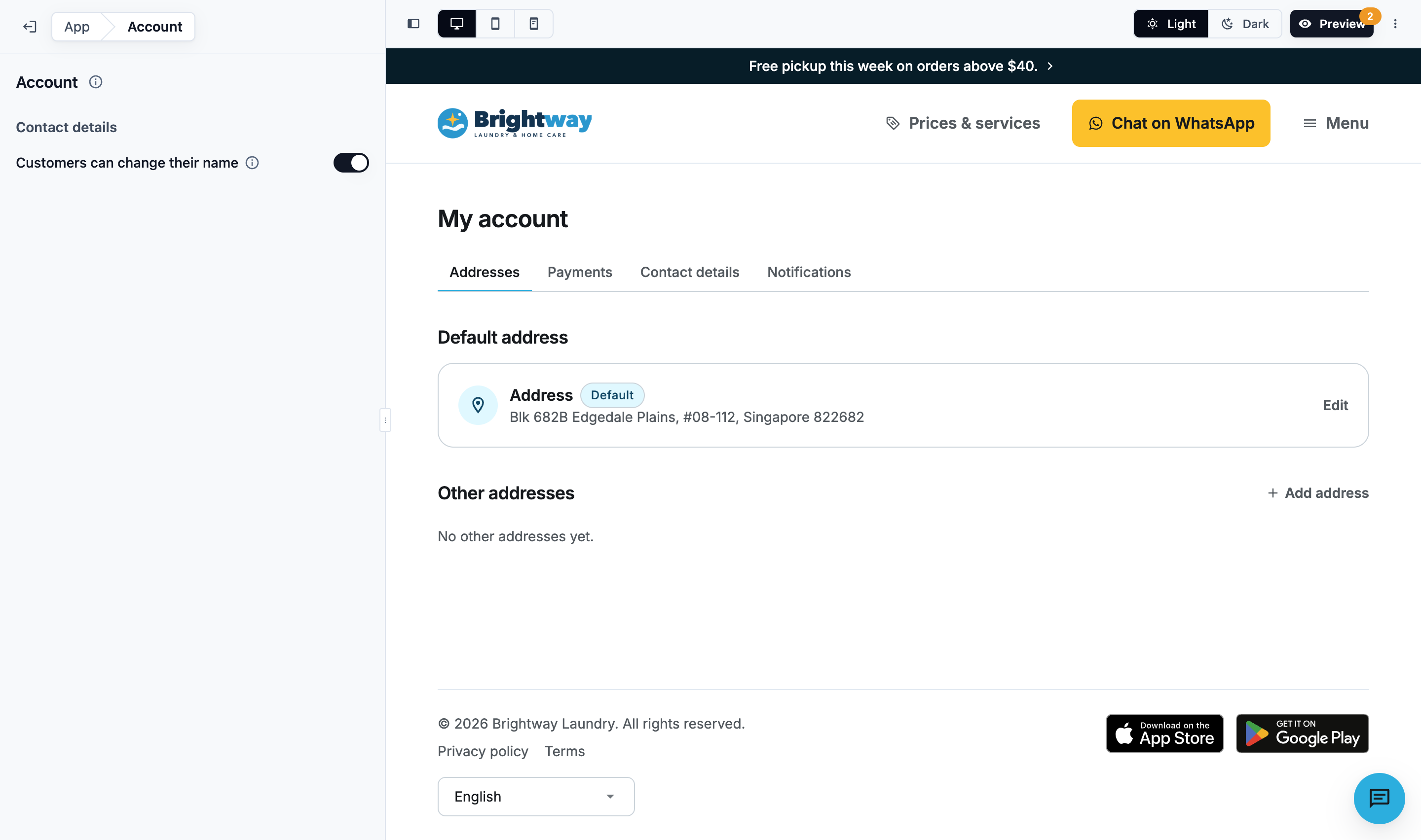 The Account page's Contact details setting in the store editor