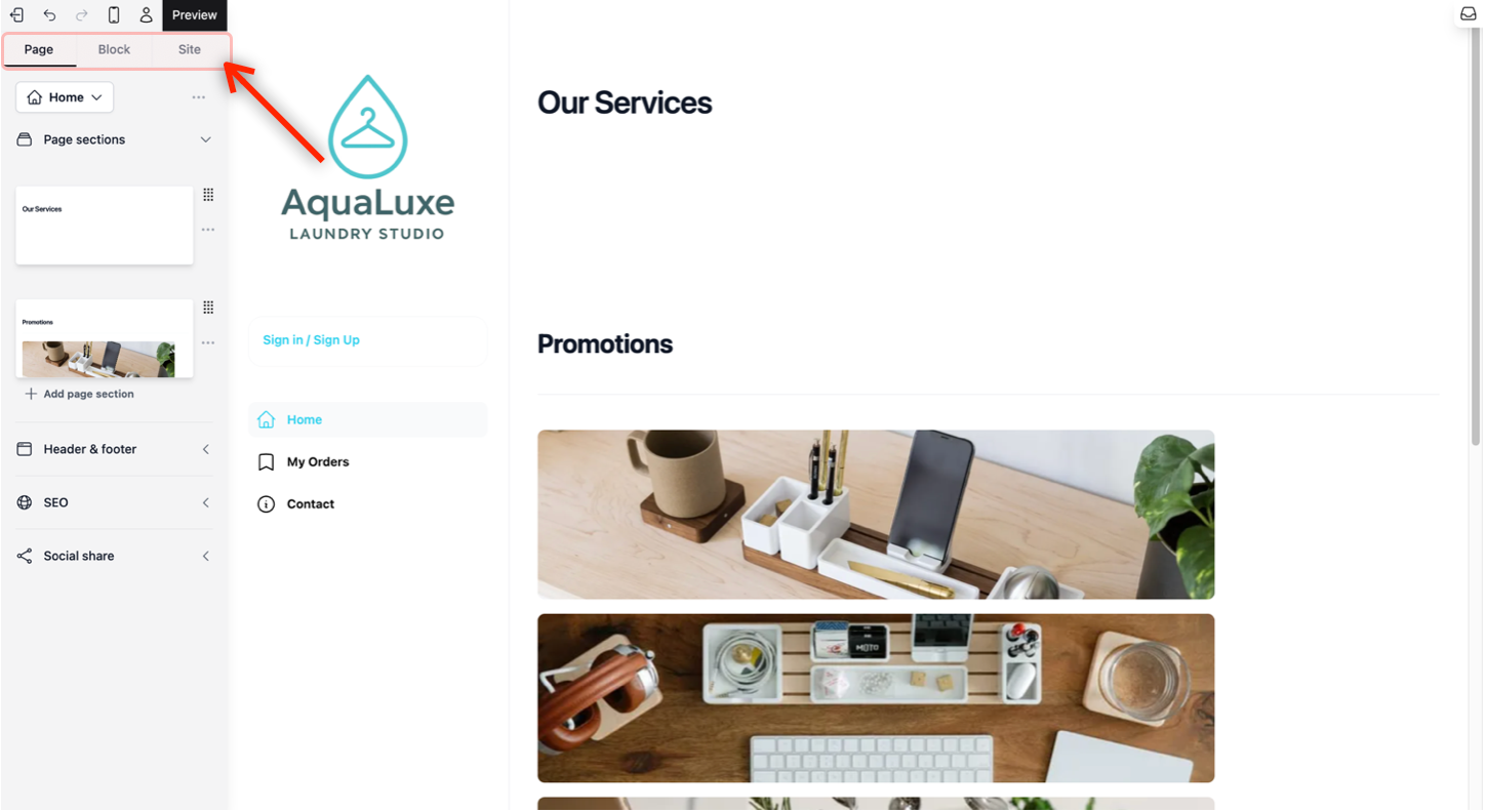 The sidebar is your control center. It is divided into three tabs to make the building of your website easy and organized.