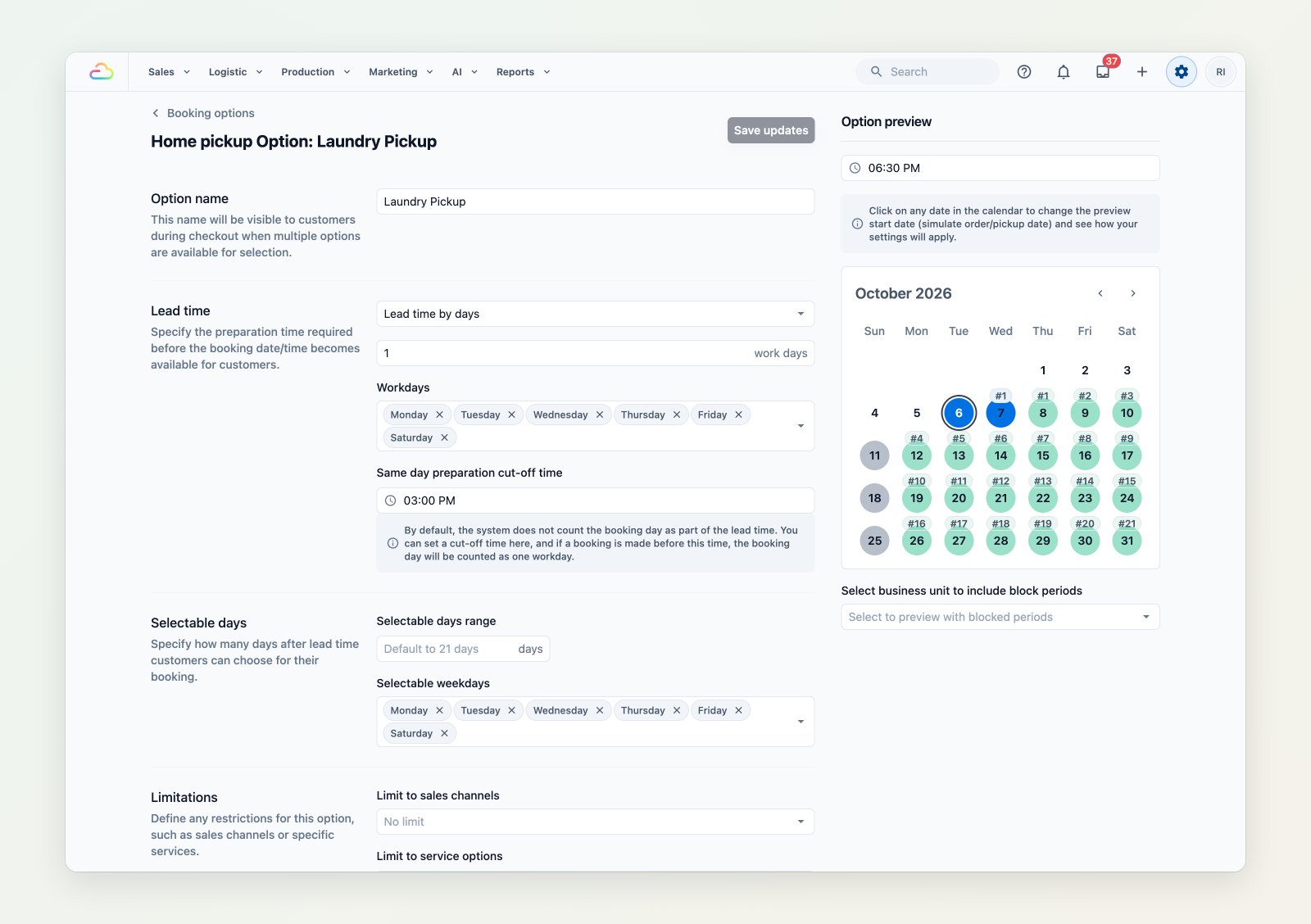 A home pickup option with lead time, workdays and same-day cut-off, beside a calendar preview of bookable dates