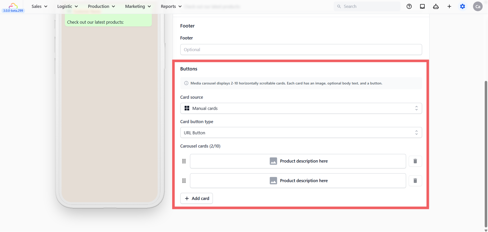 The Buttons section of the Media Carousel editor contains three configuration areas: