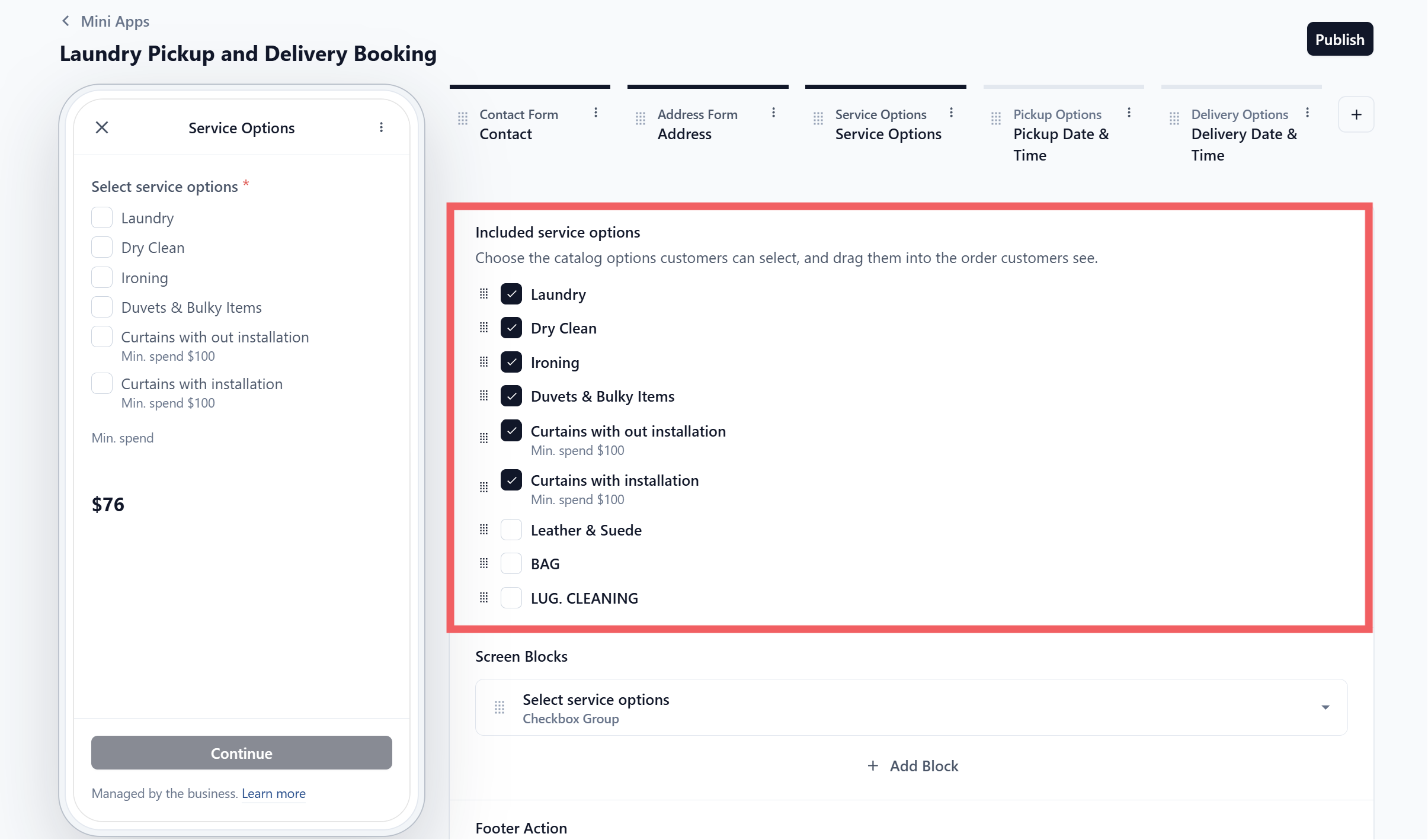 The Service Options screen settings panel with the catalog list and tickboxes
