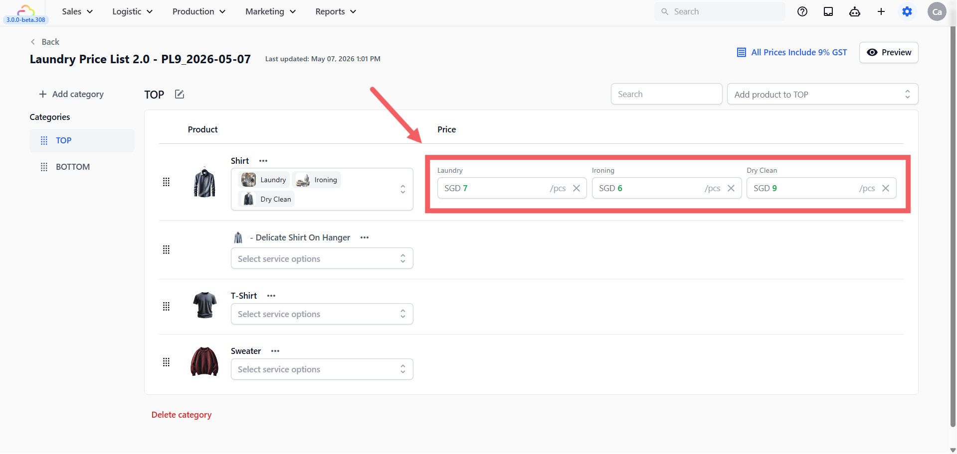Click each price field and type the amount. The currency prefix (e.g. SGD) comes from your account settings. The unit suffix (e.g. /pcs) comes from the product's Unit label. Click the X next to a price to remove the service option from this row.