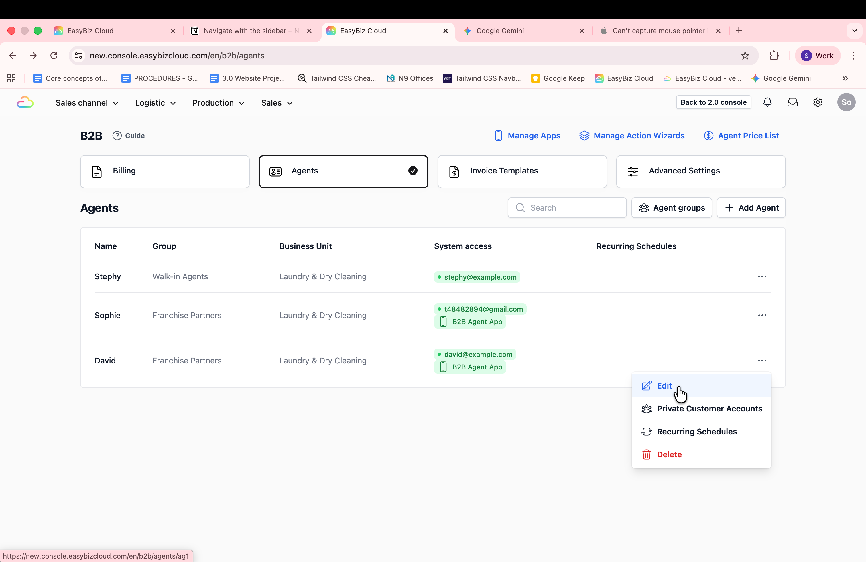 Click on the Agents tab to view your full list of registered agents. In the table view, locate the agent you want to apply the newly created invoice templates to and click on the ••• (Action Menu) on the far right, and select Edit.