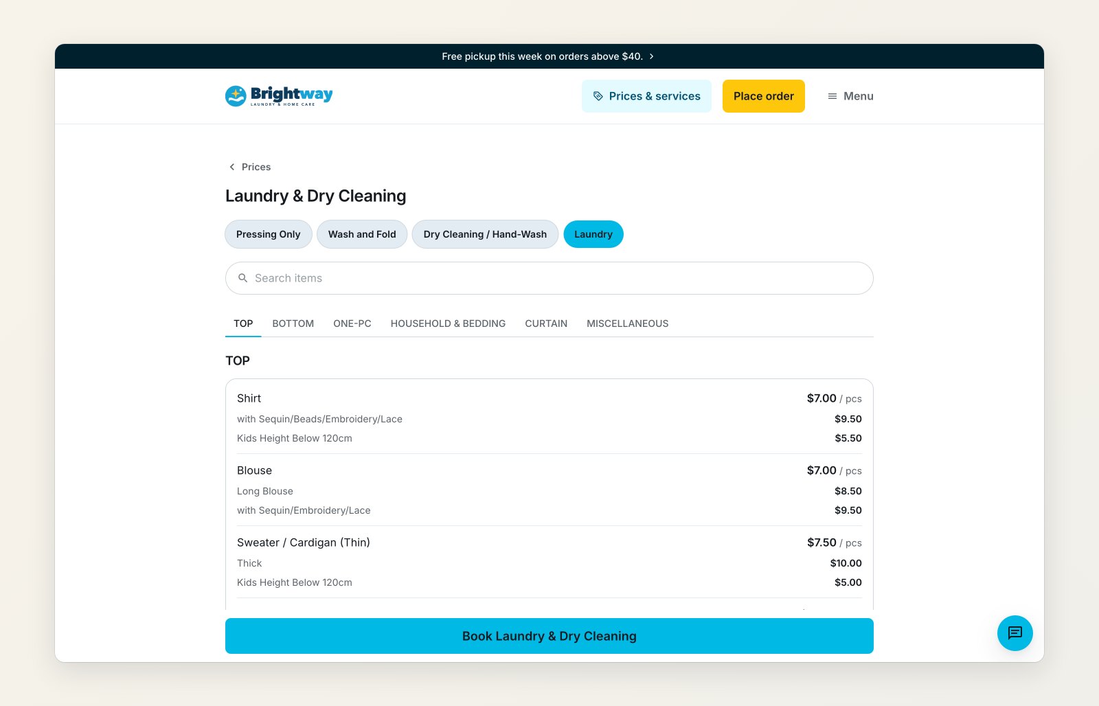 The Prices page for laundry and dry cleaning with service tabs, search and prices by category