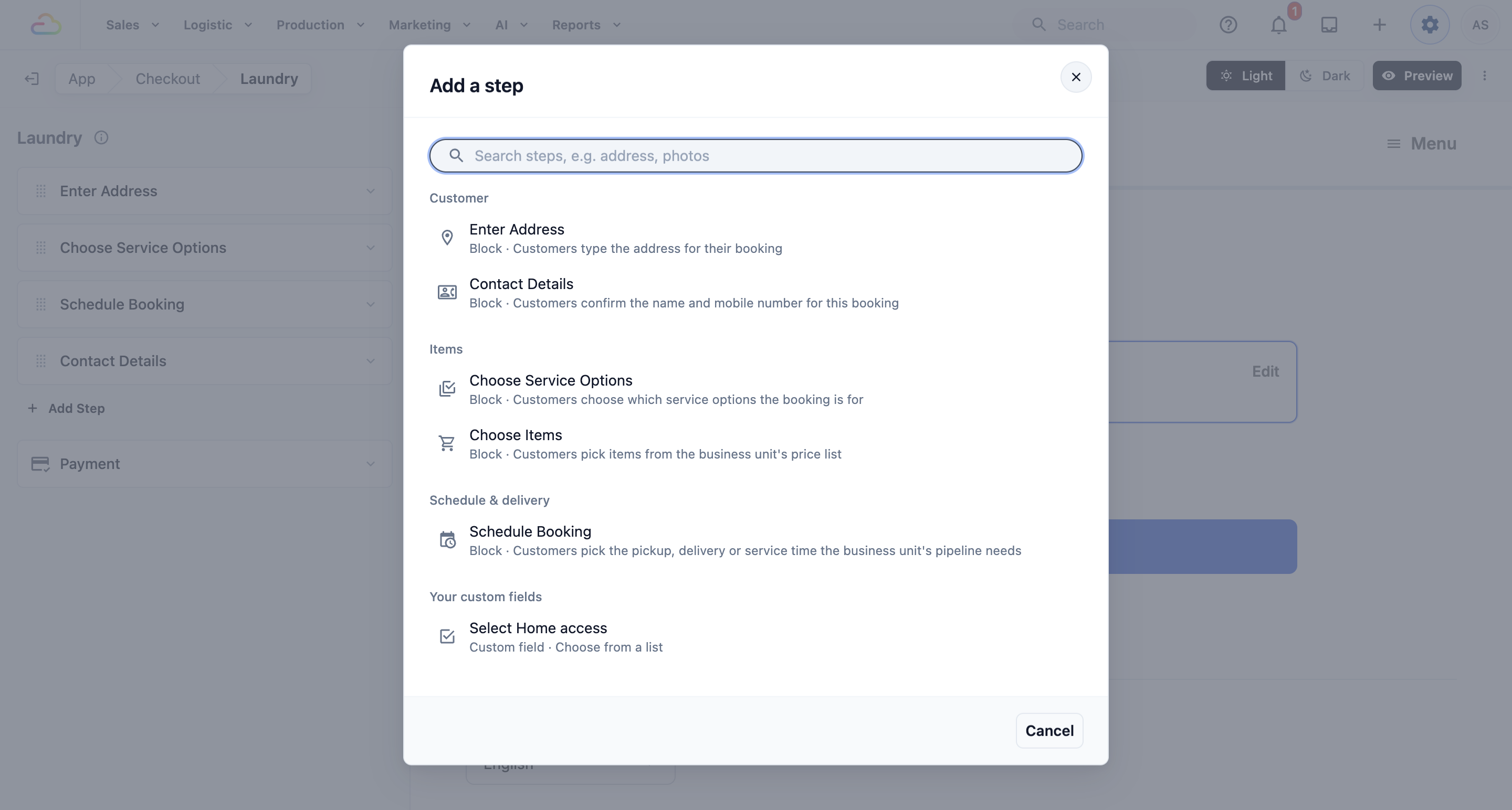 The Add a step window, with Enter Address, Contact Details, Choose Service Options, Choose Items and Schedule Booking in their groups