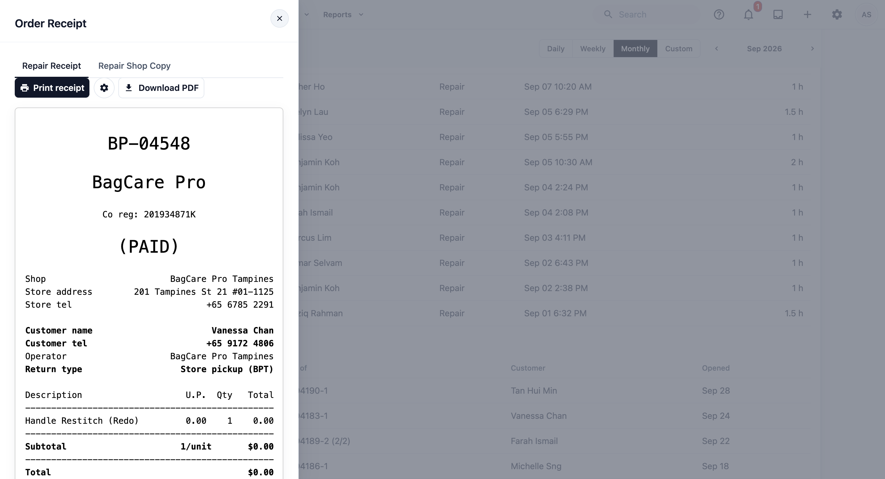 The Order Receipt side panel open on the left of the Production Report, showing the redo order for Vanessa Chan