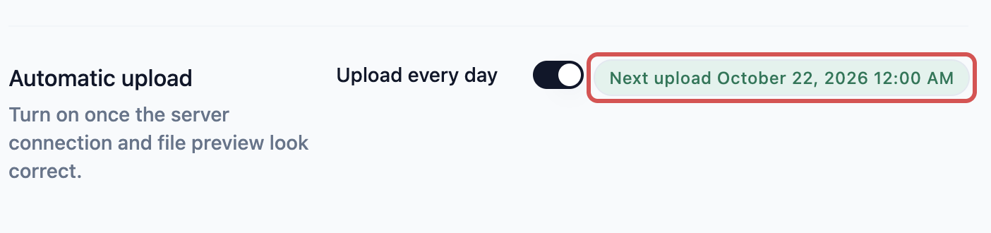 Upload every day switched on, with the green Next upload badge showing tomorrow's date