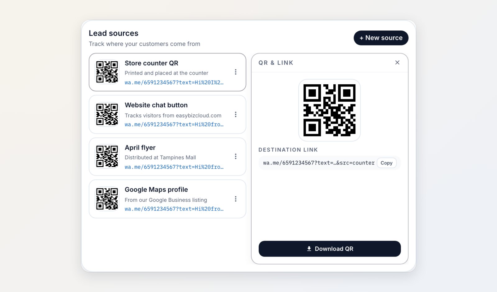 Lead sources with a QR code and WhatsApp link for a store counter sticker, a website chat button, a flyer and a Google Maps profile