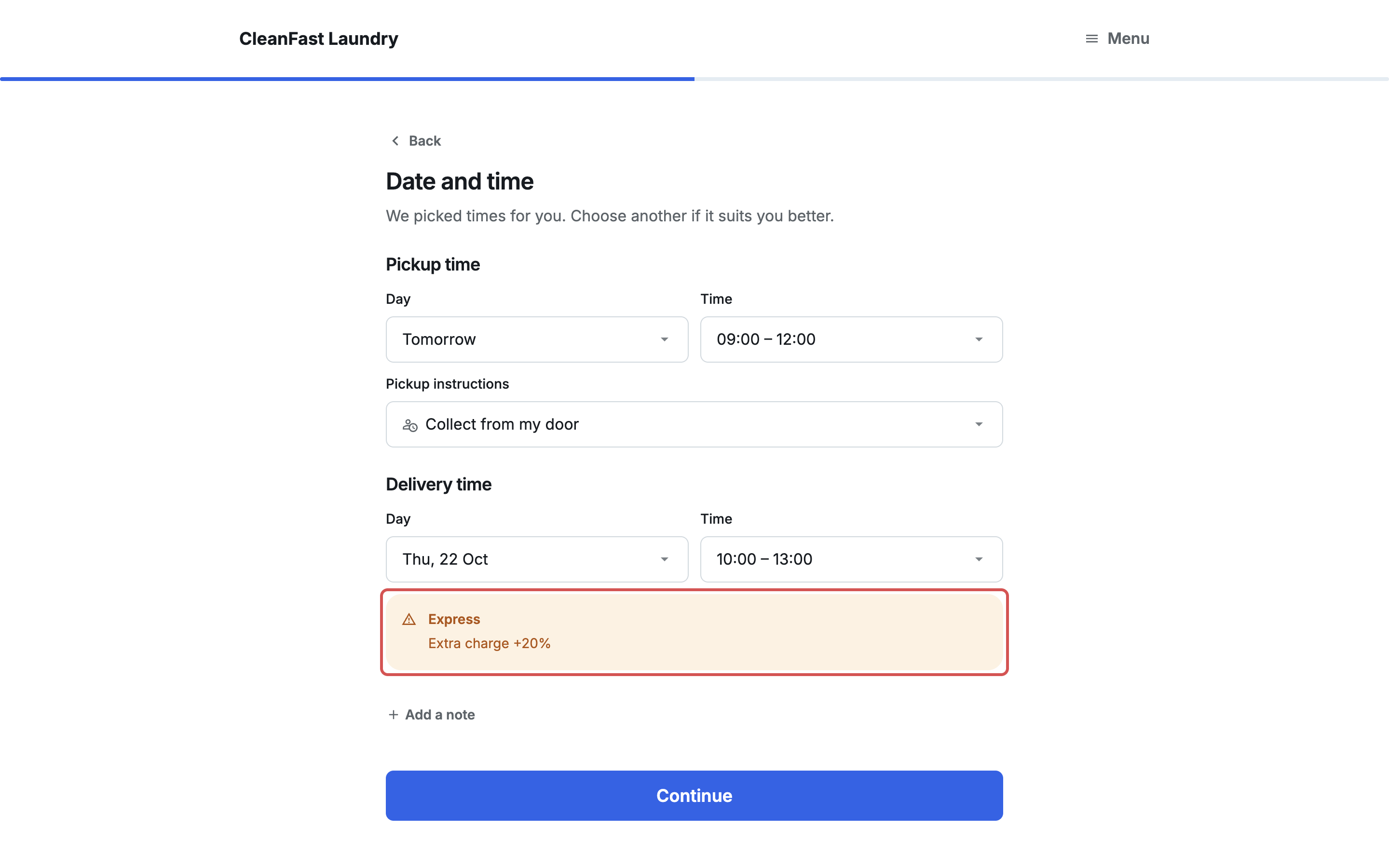 The Online Store's Date and time step, showing pickup and delivery times, the pickup instruction and Express delivery with its +20% extra charge