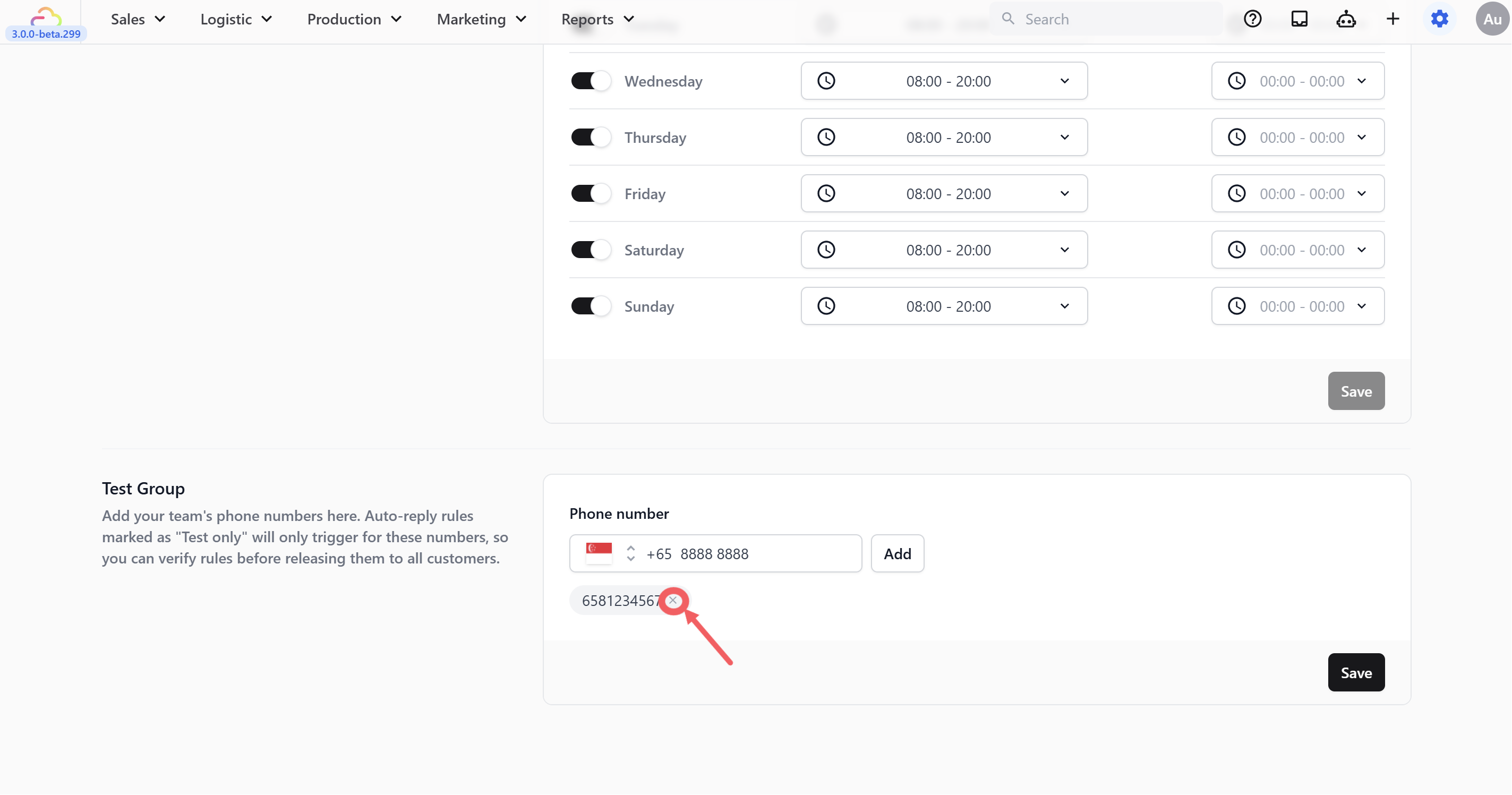Click the × button next to any phone number chip to remove it from the test group.