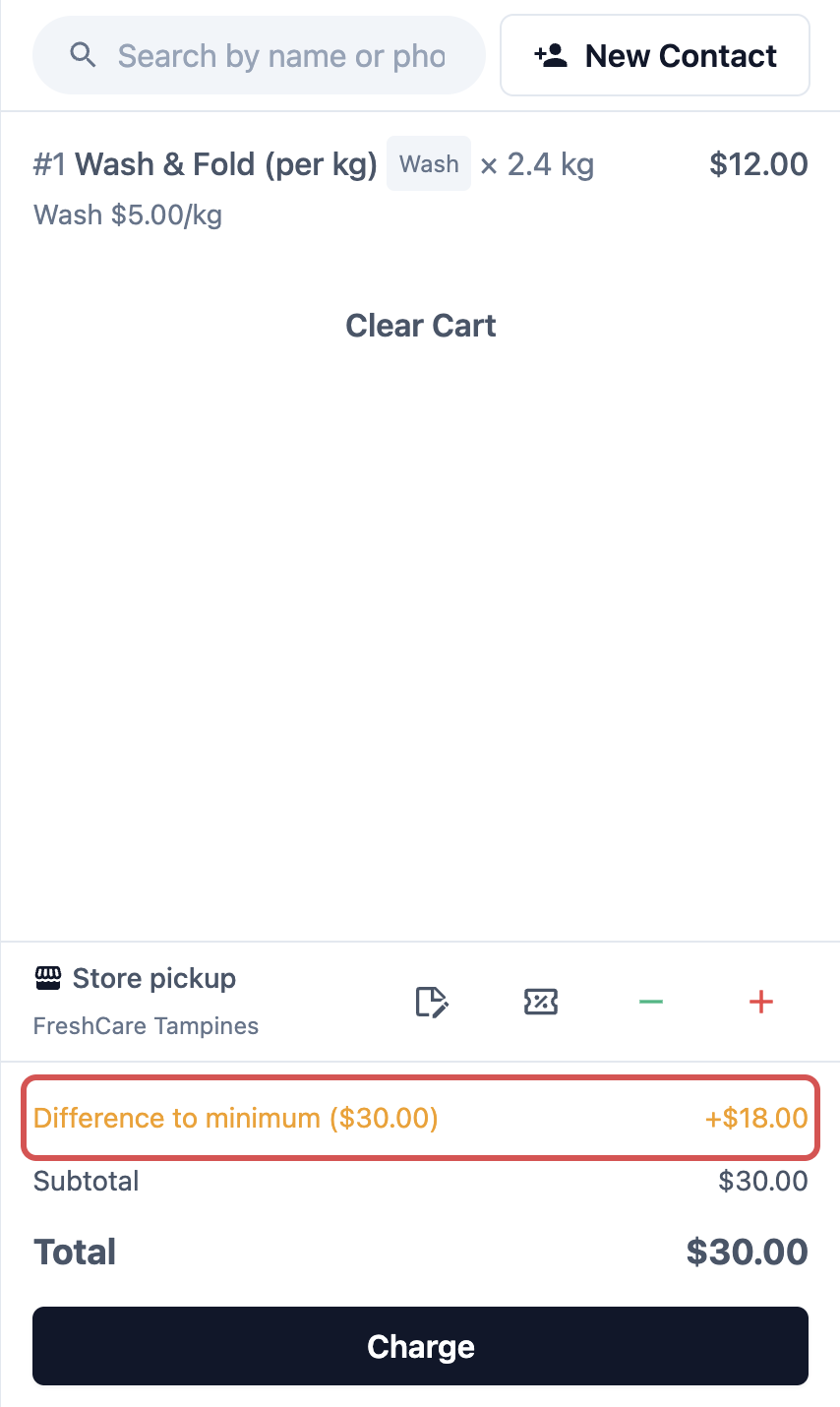 The POS order summary for a S$12 order, with a Difference to minimum line of S$18 and a S$30 total