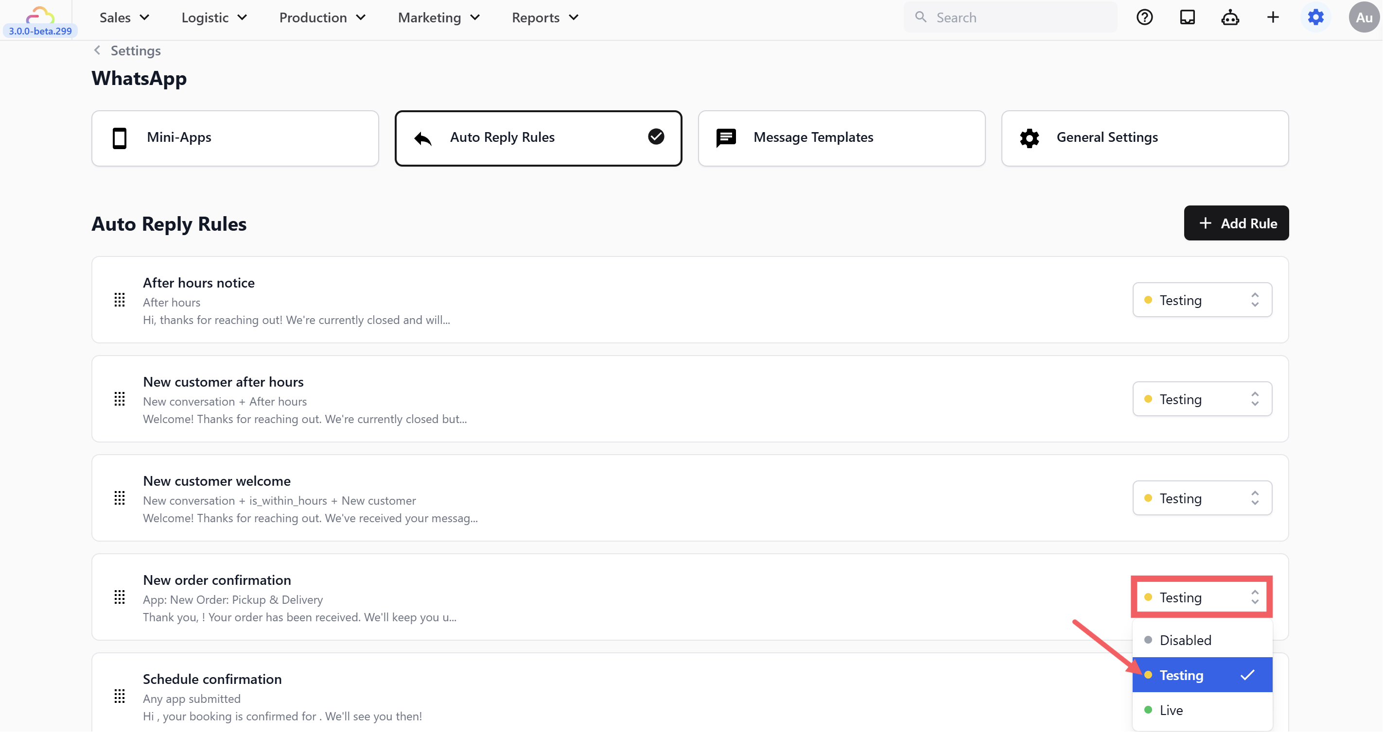 Set Status to Testing.