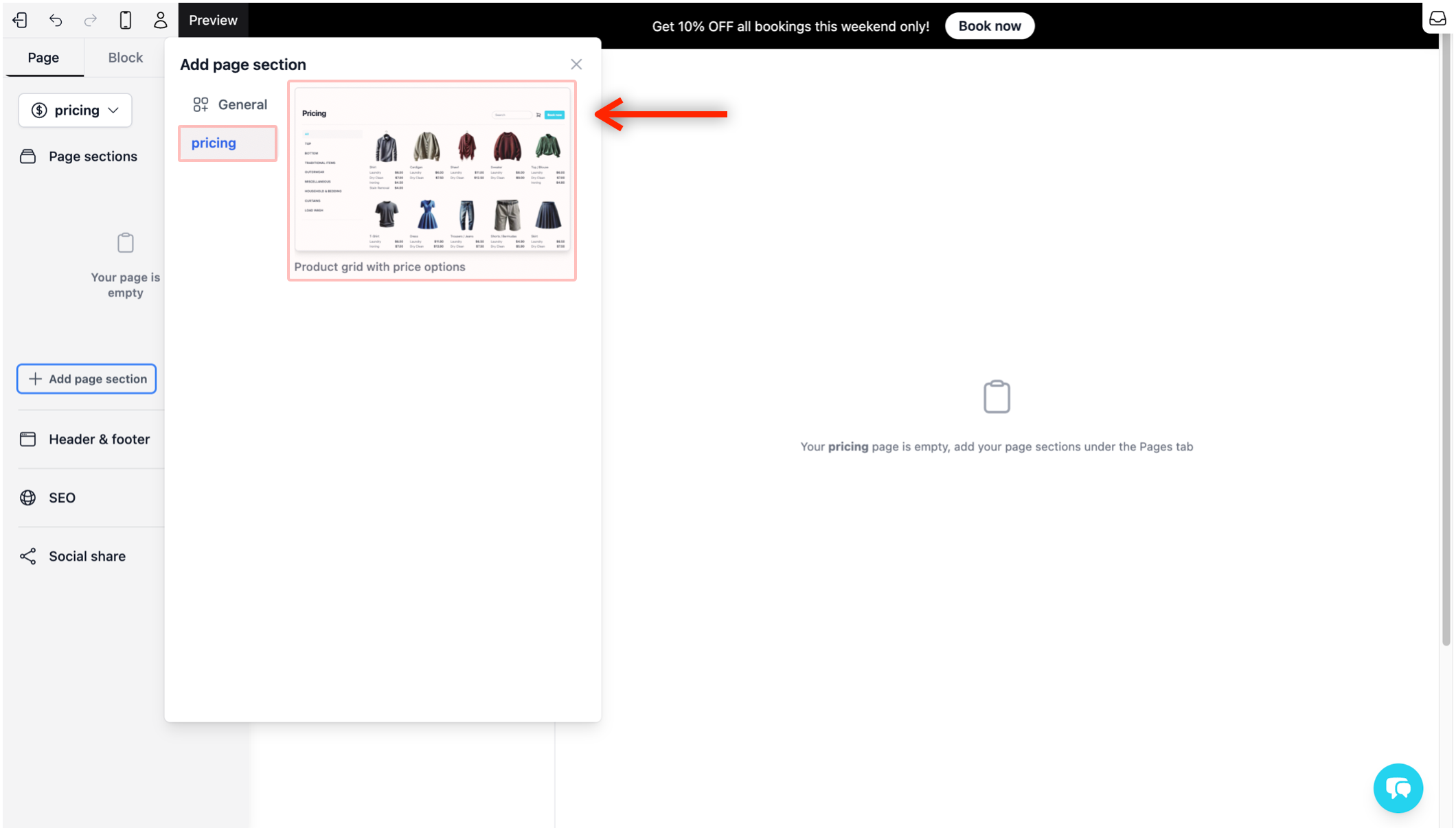 Add your products/services: From the Page Tab, click on the + Add page section button. In the pop-up, go to the Pricing tab and select the template called Product grid with price options. Your website preview on the right will instantly update to show the services from your Price List.