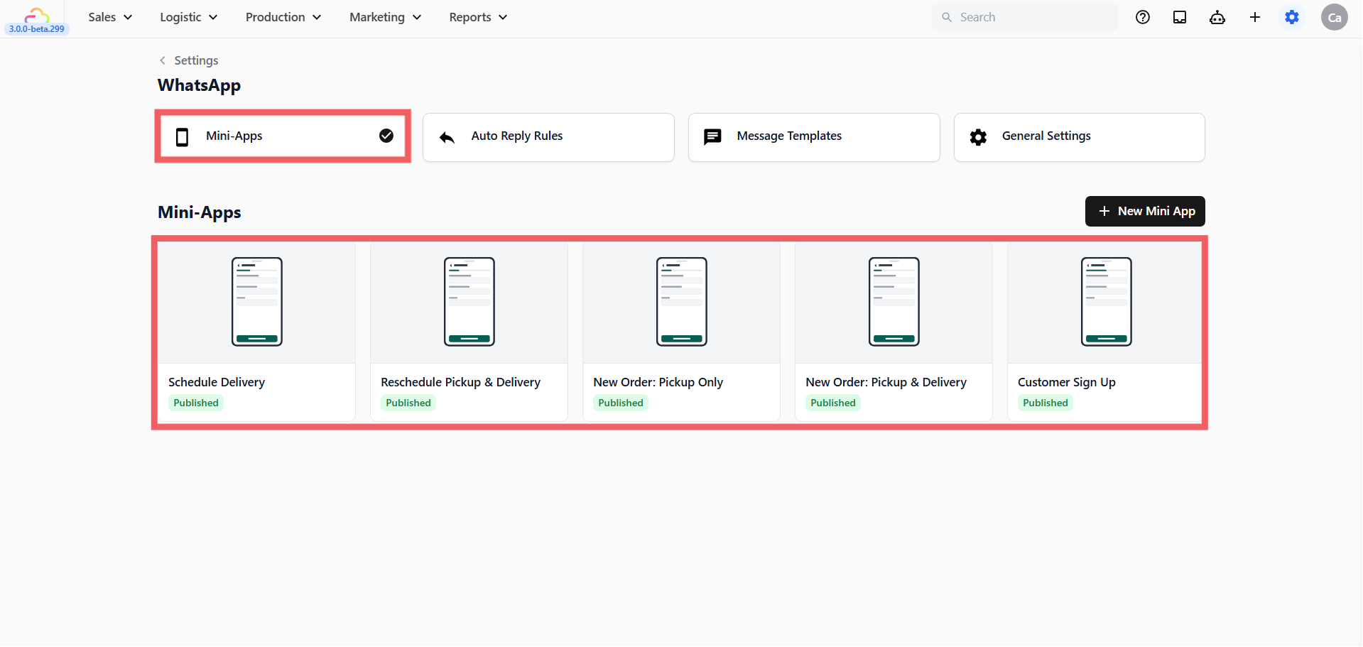 Check that your Mini App appears with a green Published status.