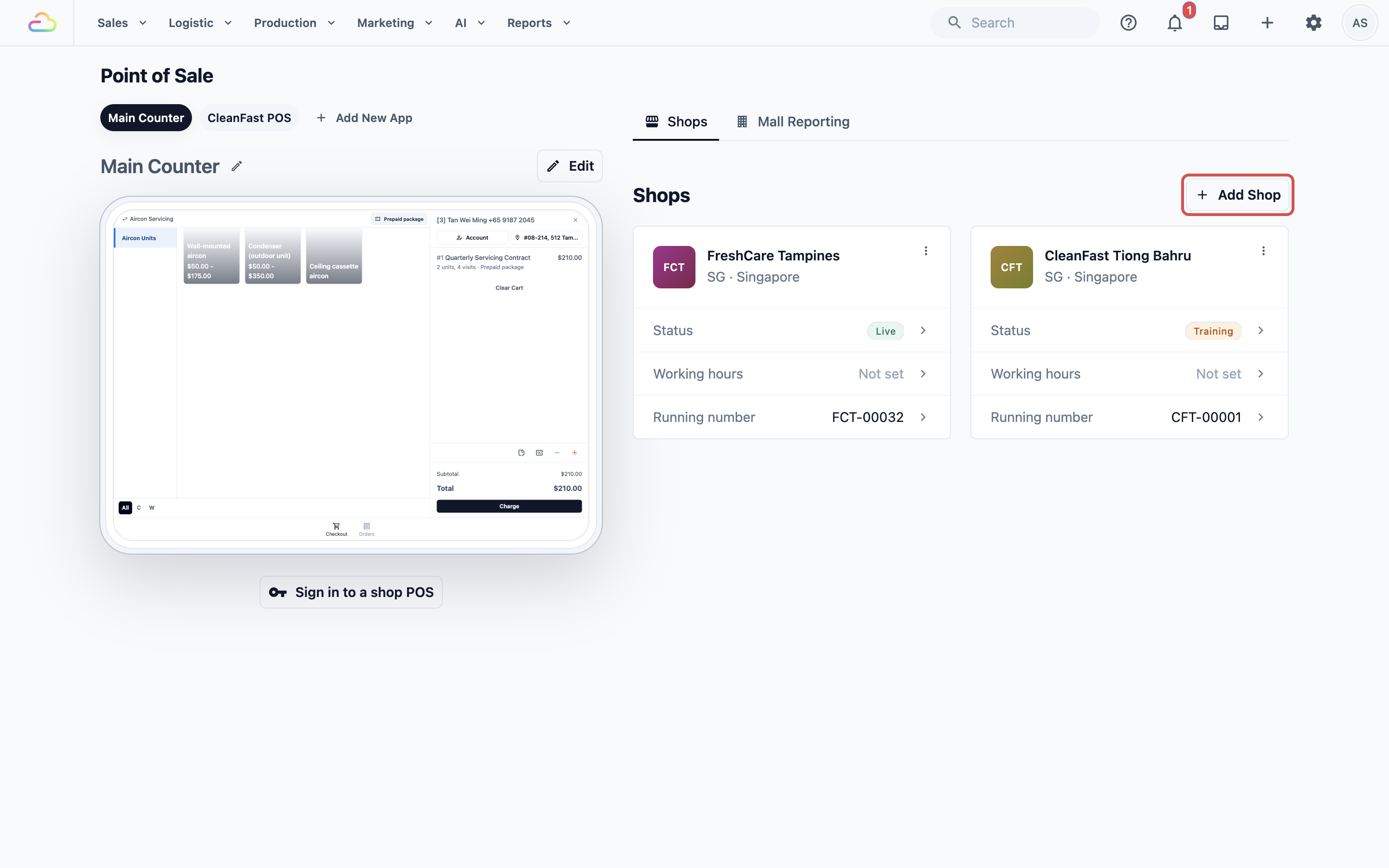 On the Shops tab, click Add Shop.