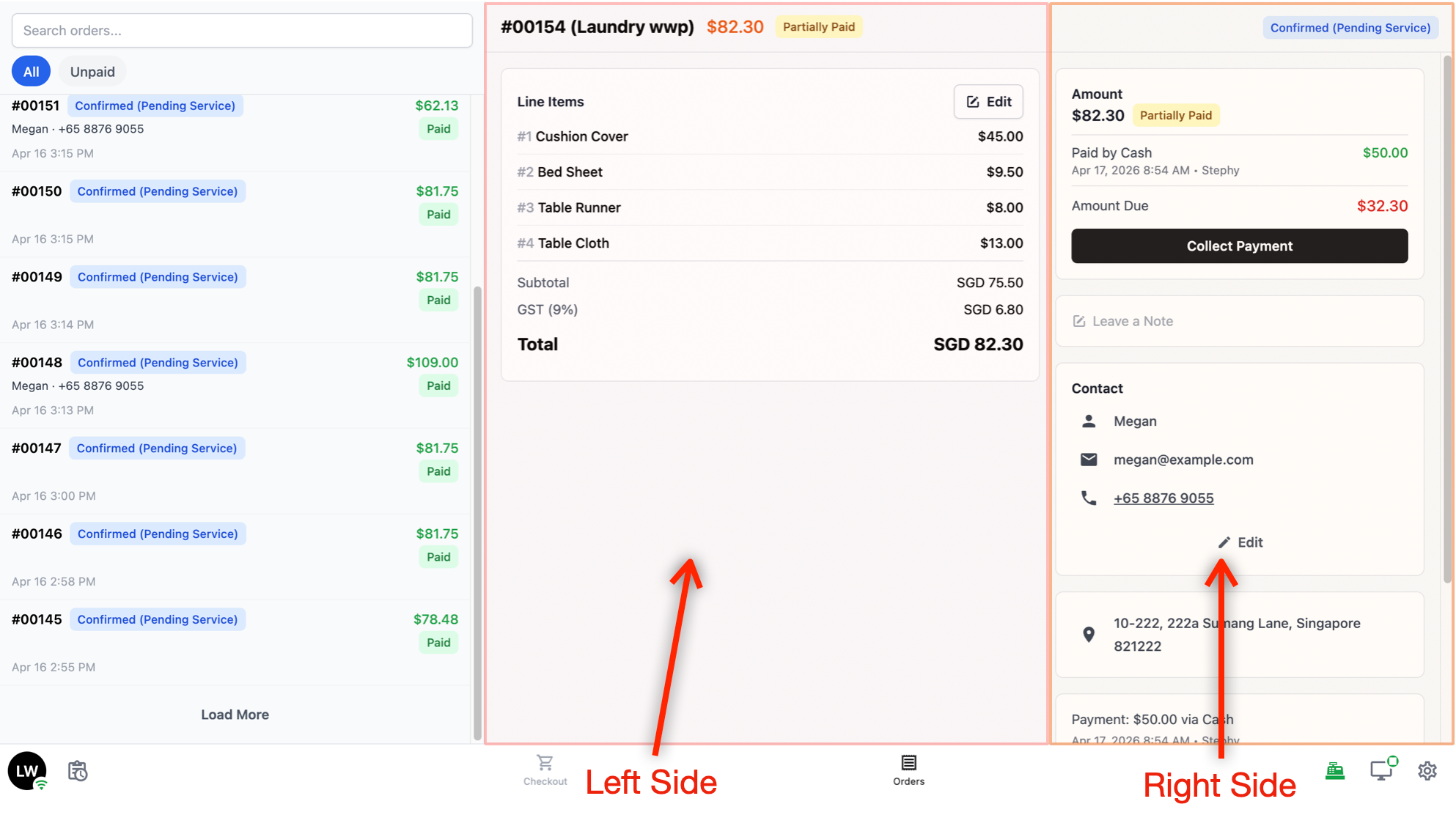 When you tap on an order in the list, the right side of the screen shows the full details of that order. The details are split into two areas — the left side and the right side.