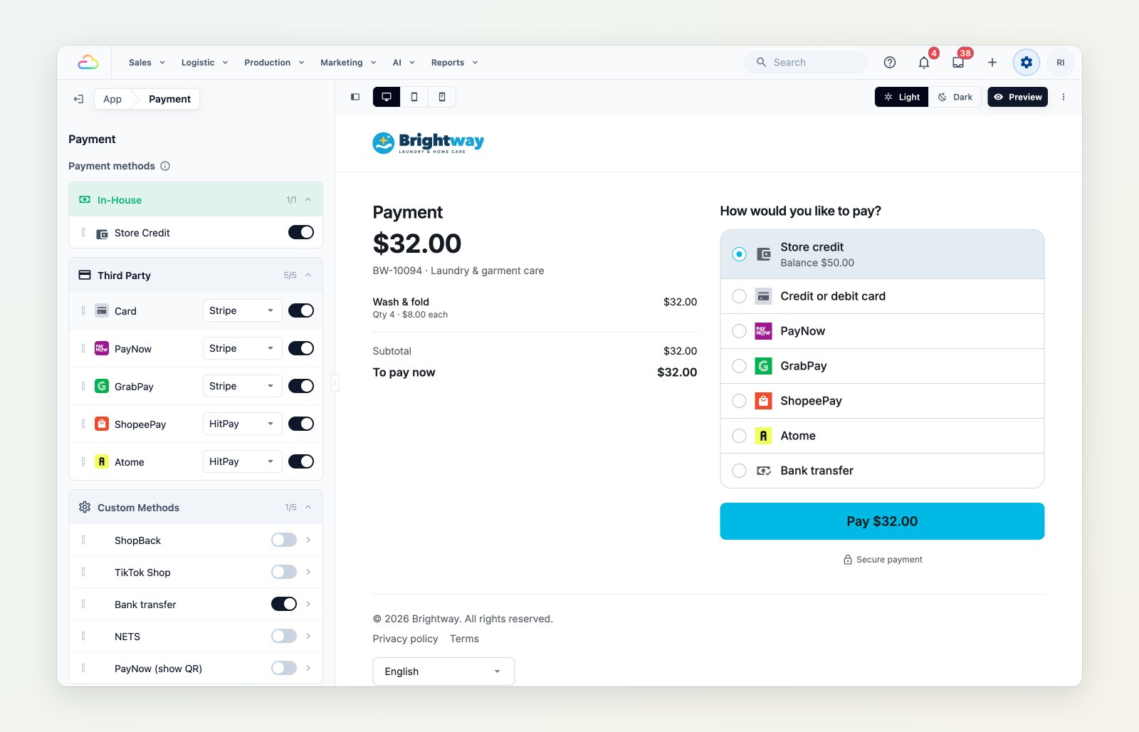 The Payment page settings in the Console beside the customer's payment page with store credit, card, PayNow, GrabPay, ShopeePay, Atome and bank transfer