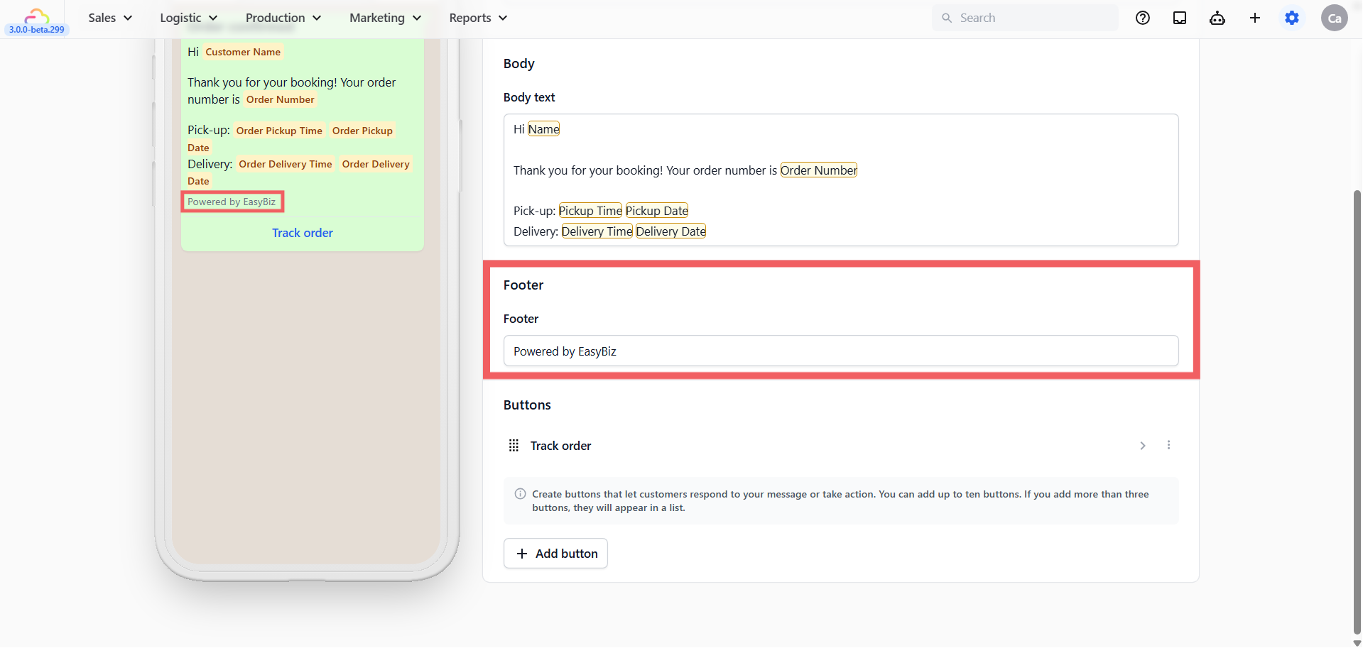A short closing line below the body. Use it for your business name or a brief note. Cannot contain placeholders.