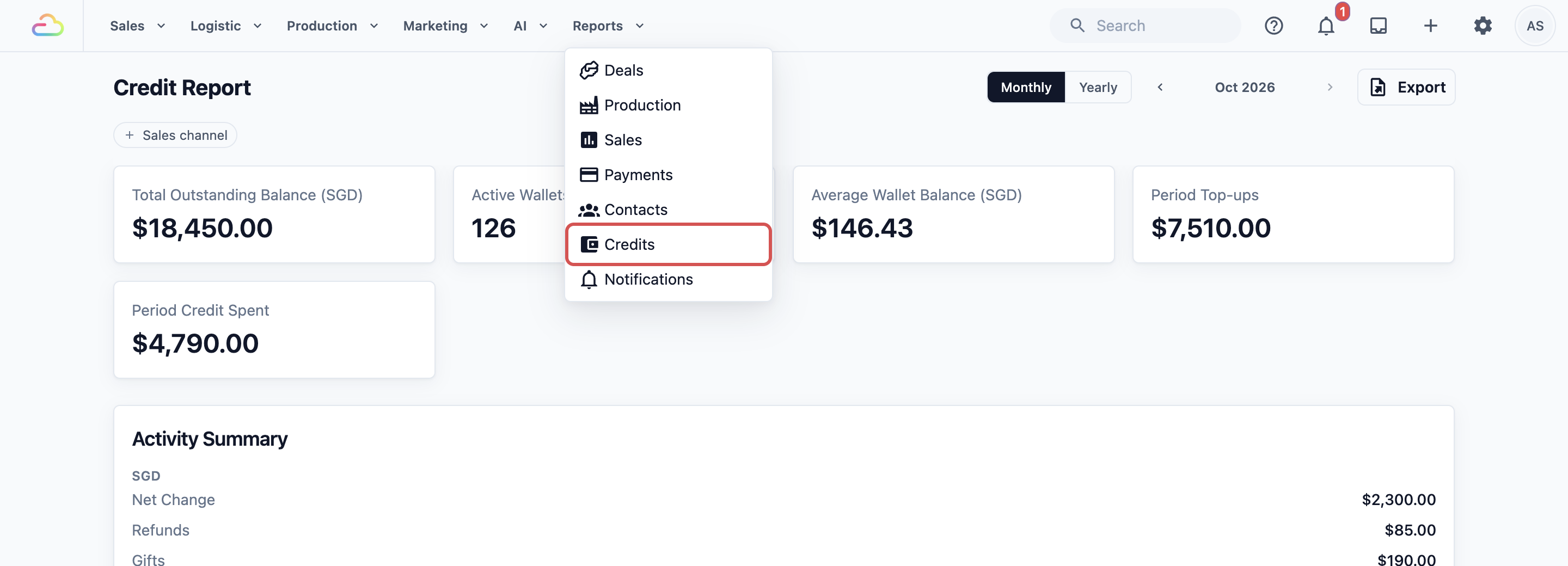 The Reports menu open with Credits highlighted