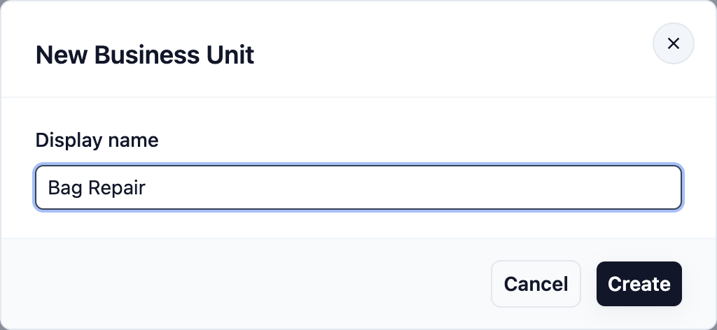 The New Business Unit window with Bag Repair typed in Display name and the Create button