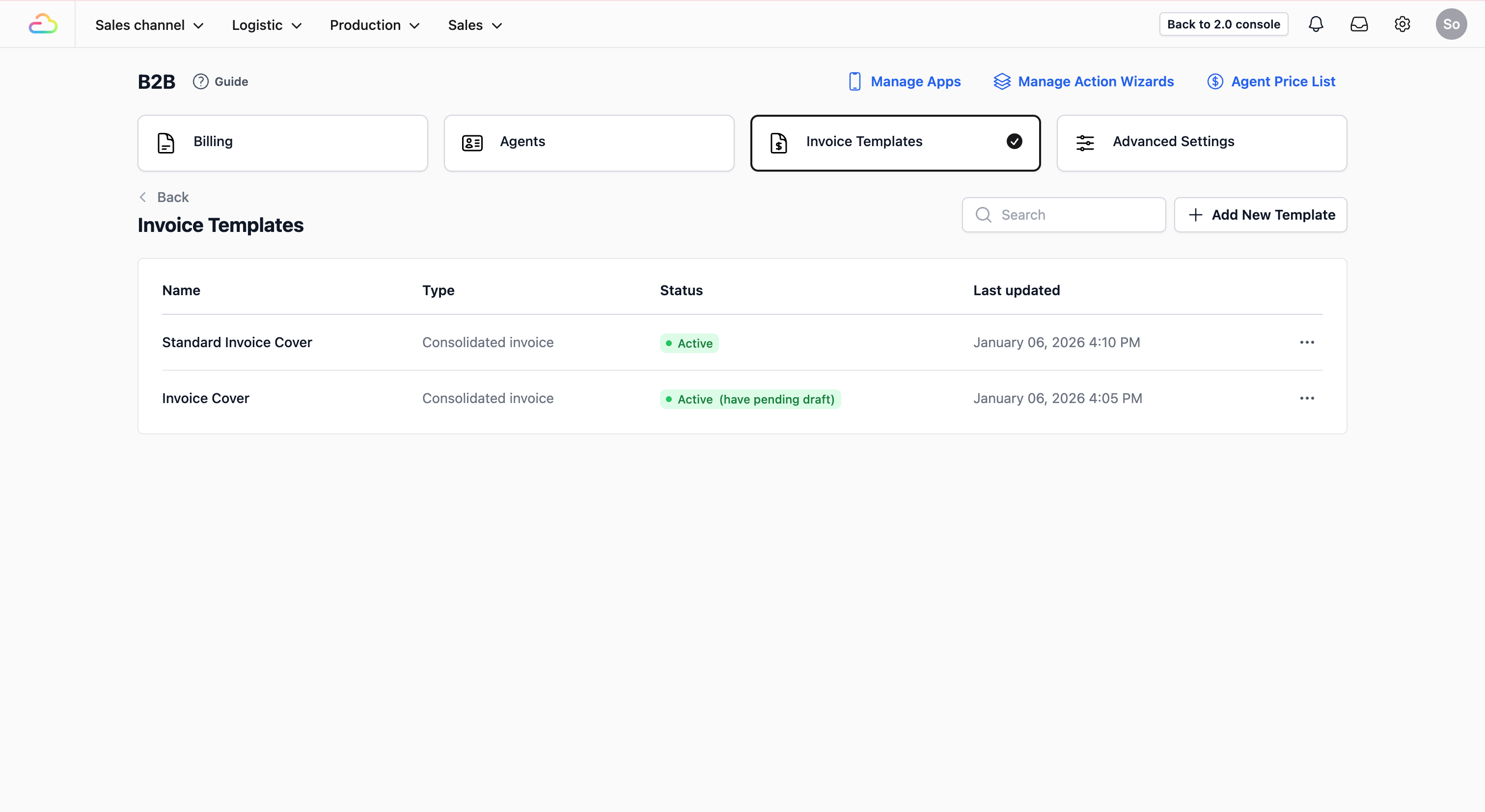 The page will refresh to the Invoice Templates tab. A new created Invoice Cover Template should be now marked as Active in the table view.