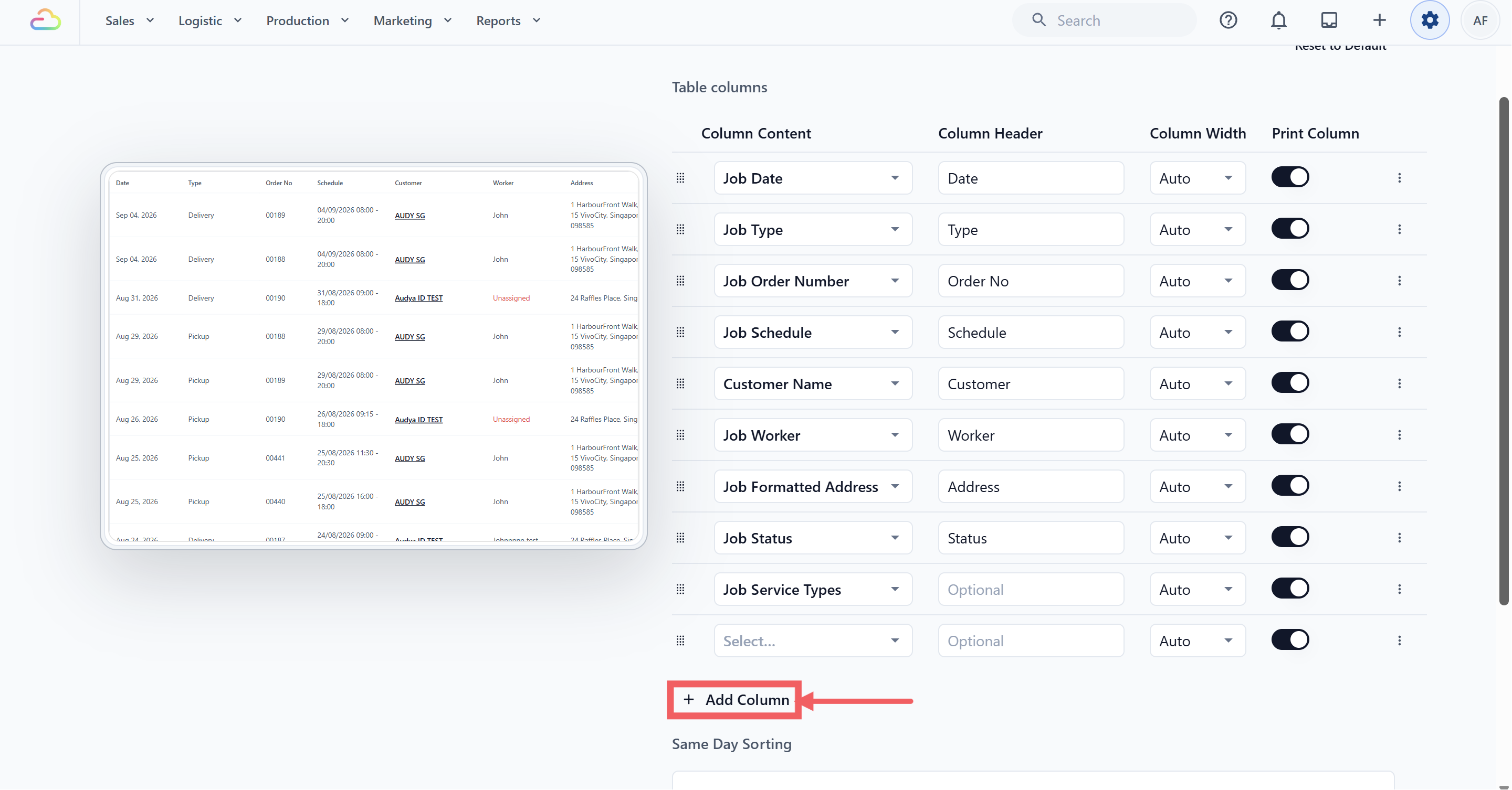 Screenshot placeholder: Edit Jobs settings with the Add Column button and Column Content picker open.