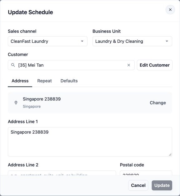 Update Schedule on the Address tab, showing Mei Tan, CleanFast Laundry, the laundry business unit and the saved collection address.